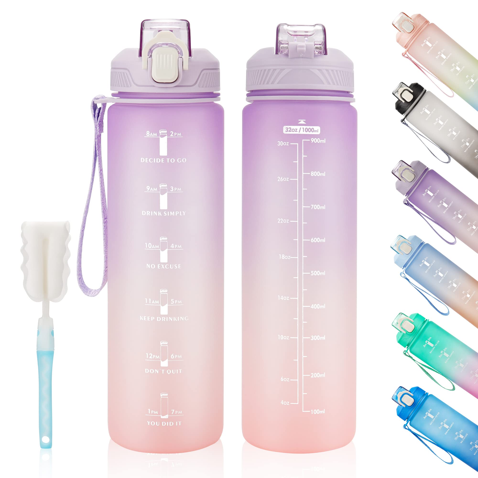 YC Kitchen Motivational Water Bottle with Time Marker- 32oz Water Bottles with Times to Drink, Leakproof & BPA Free Sports Water