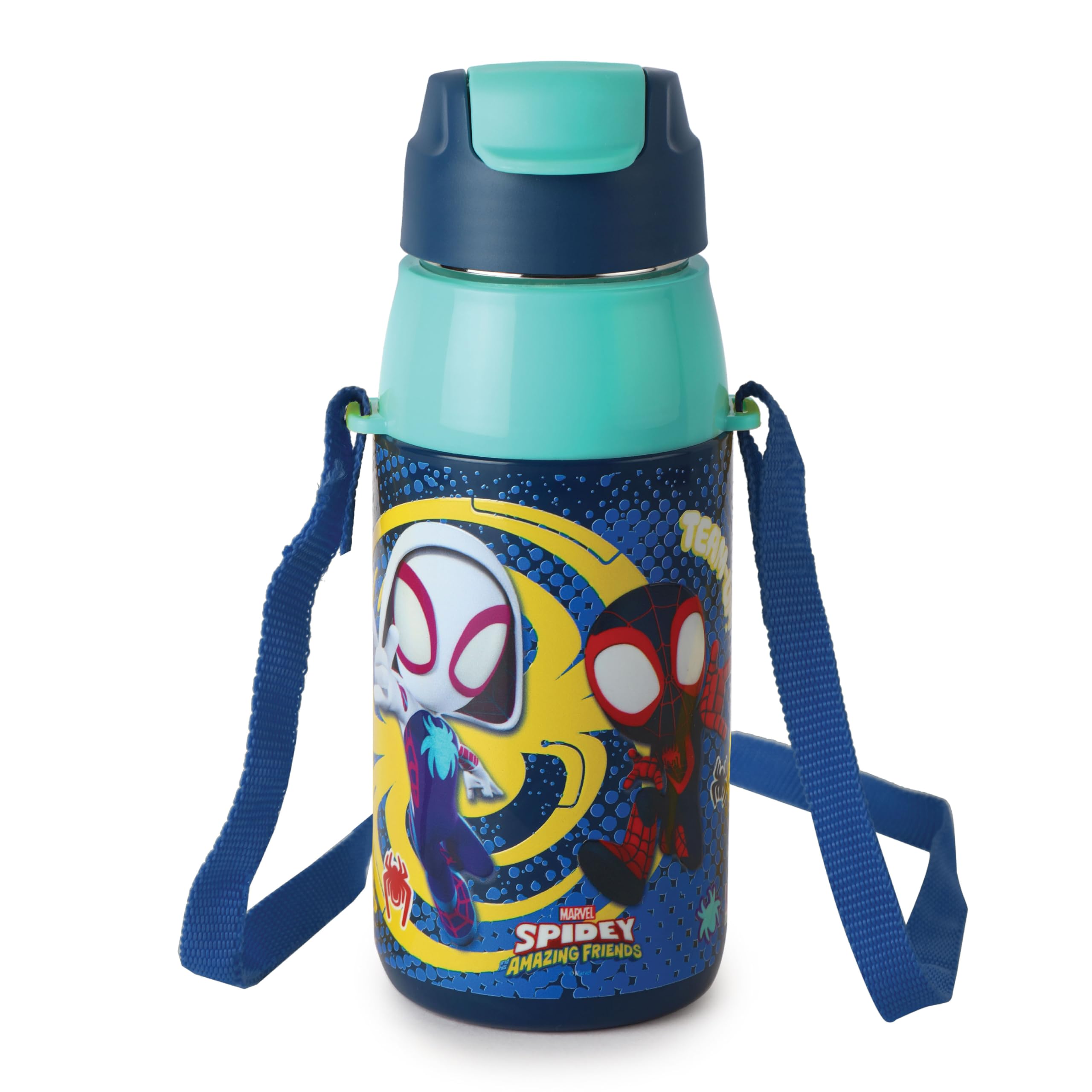 Cello Kidzbee Era Web Warriors Inner Steel Insulated Kids Water Bottle, 400 Ml, Navy Blue | Leakproof Easy To Open Flip Top Cap 