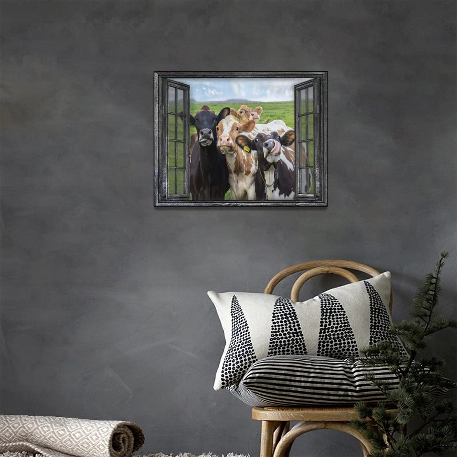 exroozy Rustic Cow Wall Art Funny Cows Window Pictures Wall Decor Farmhouse Cow Canvas Painting Print Modern Artwork Country Room Decor Framed Ready to Hang for Living Room Bathroom Office 16''x12''
