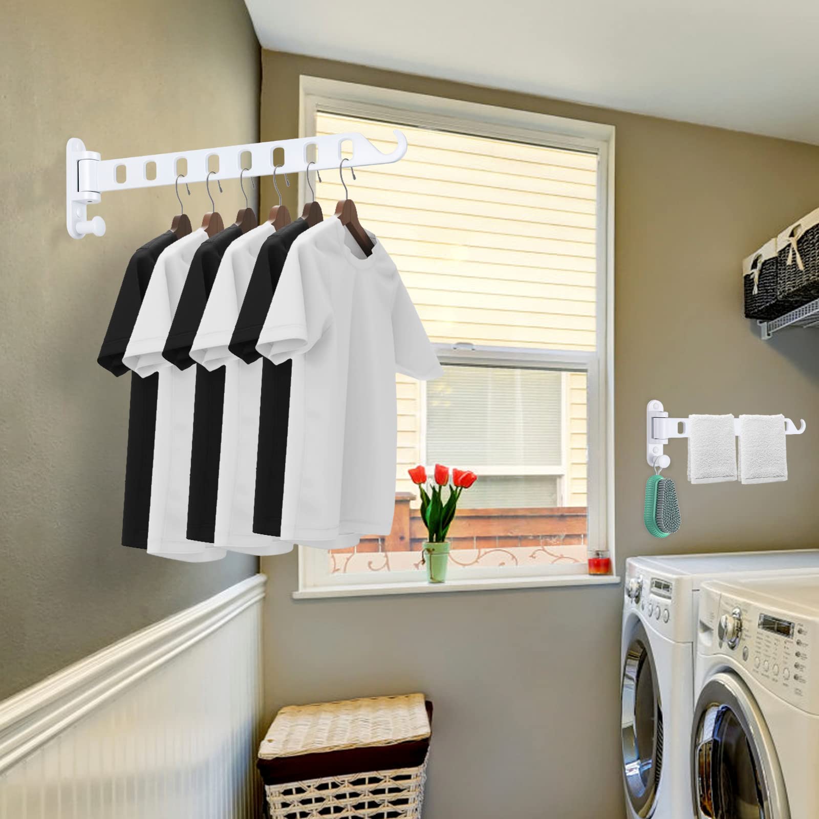 Skiken White Laundry Clothes Hanger Rack With 8 Holes, Wall Mount Laundry Room Hanger Swing Arm, 180Rotation, Folding Wall Hange