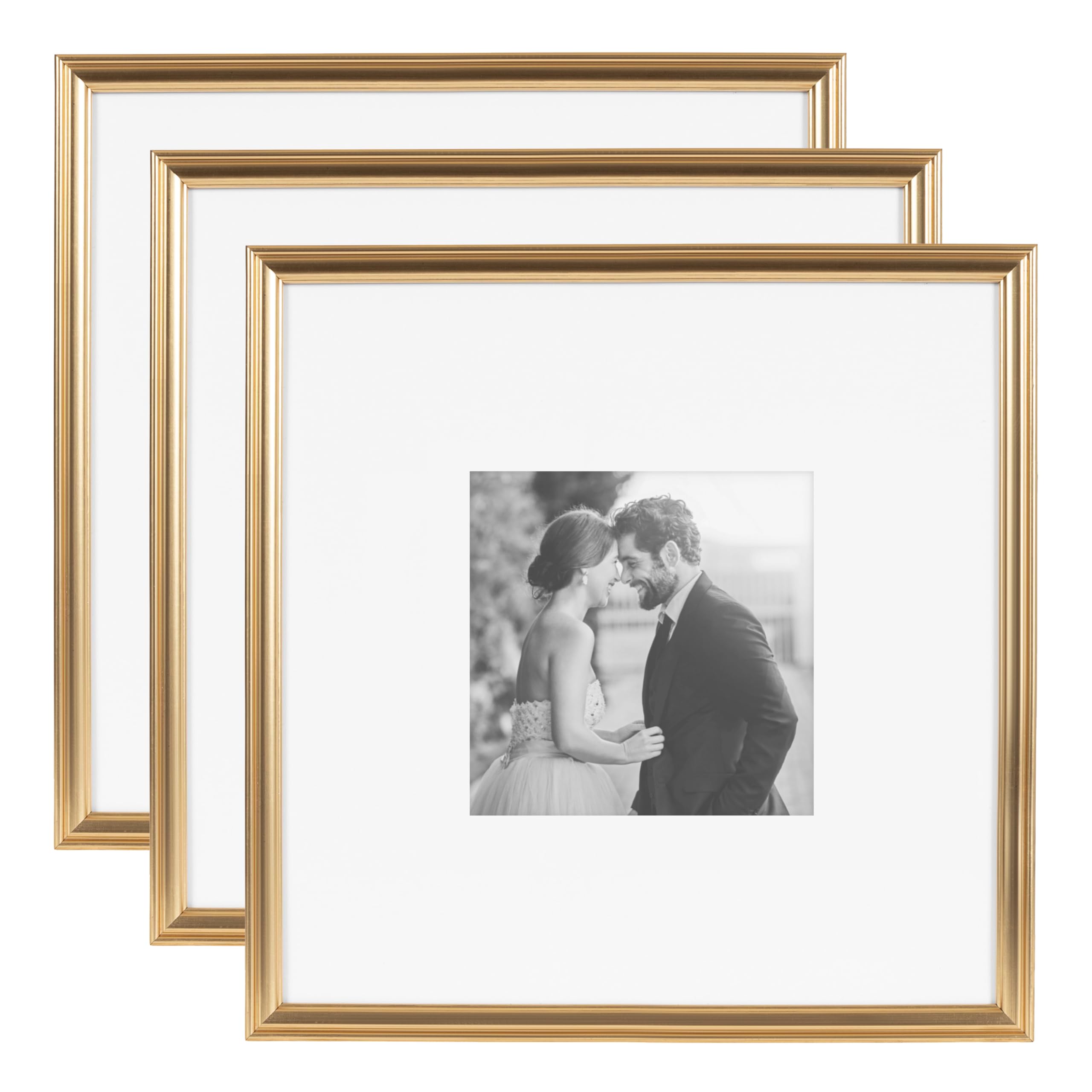 Kate and Laurel Adlynn Square Picture Frame Set of 3; 16 x 16 matted to 8 x 8; Gold; Modern Three-Piece Frame Set for Gallery Wa
