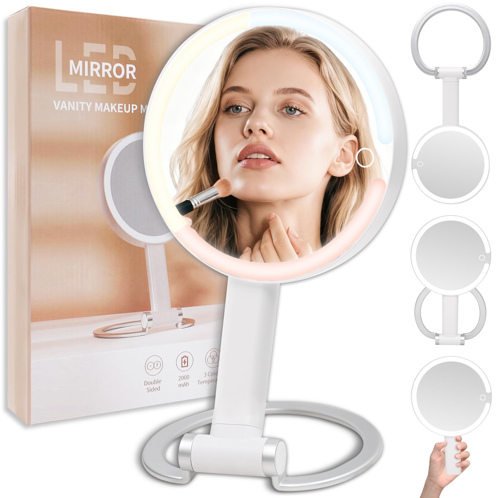 Magnifying Mirror with Light, Makeup Mirror with Lights and Adjustable Brightness, Hanging and Handheld Mirror with Handle, Trav