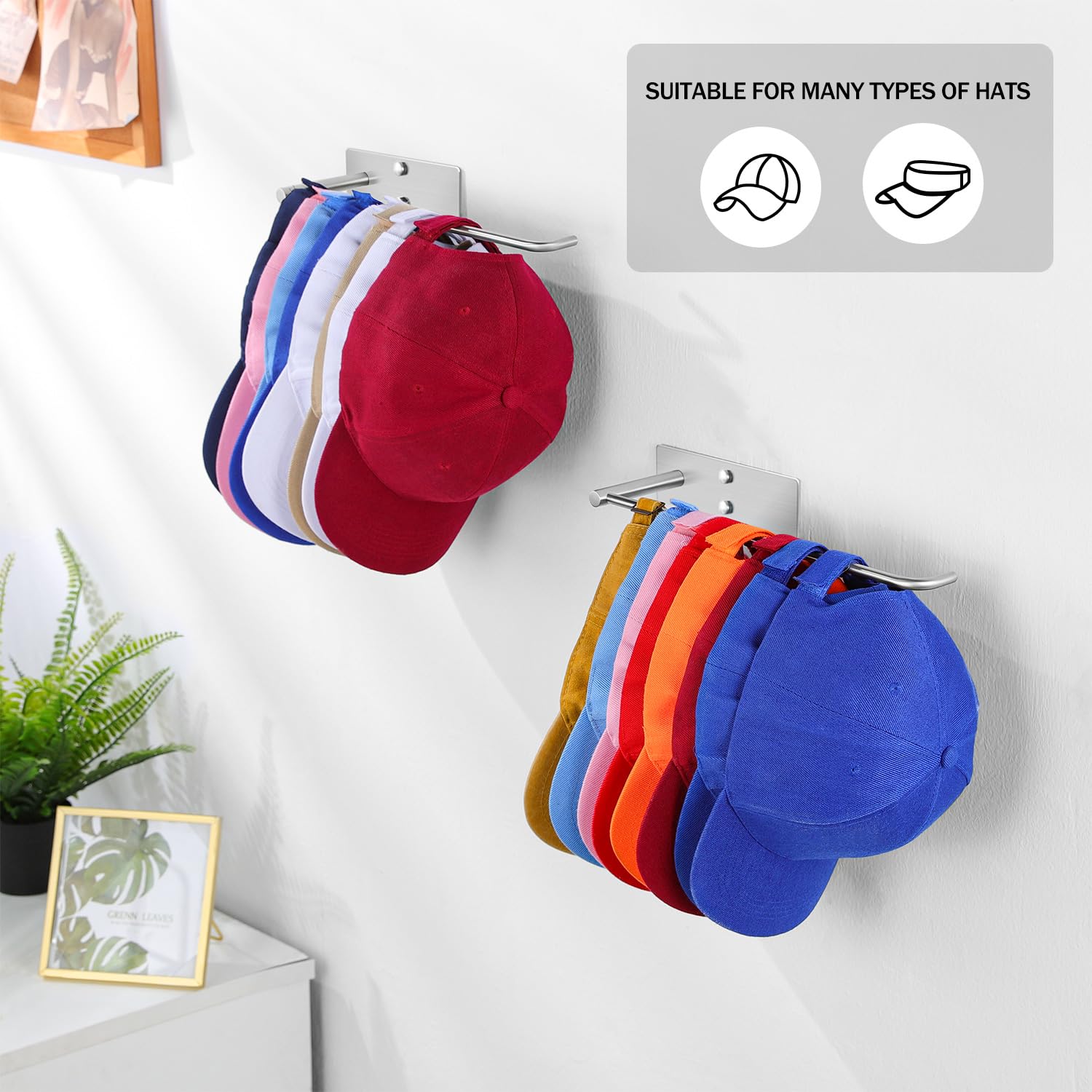 Daoun Baseball Hat Rack - 2-Pack Hat Organizer For Baseball Caps Adhesive Wall Hat Rack, Stainless Steel Hat Hanger Hat Holder F