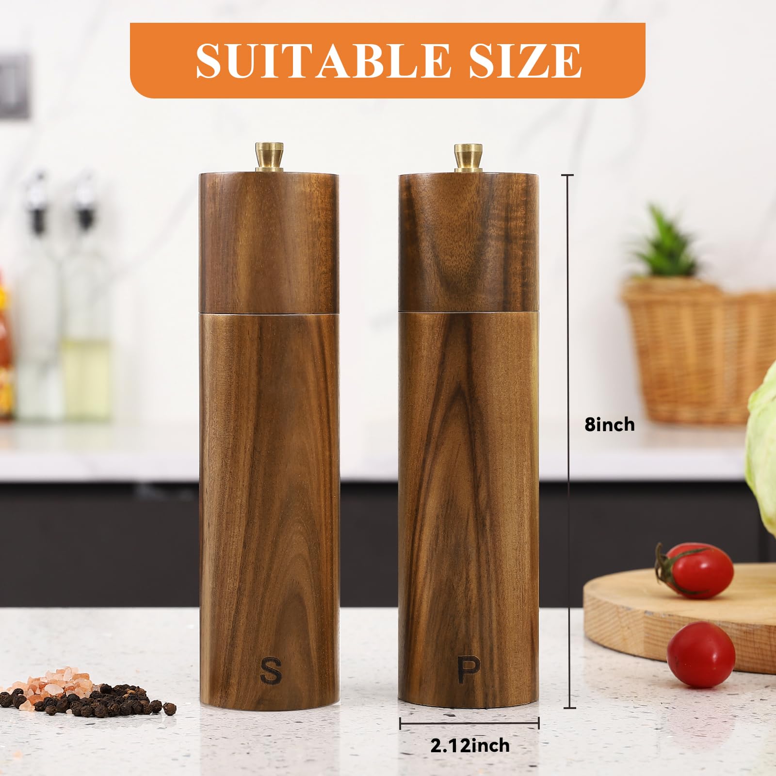 Yvake Wooden Salt And Pepper Grinder Set,8 Inch Manual Salt And Pepper Mill, Adjustable Coarseness And Refillable,Acacia Wood Pe