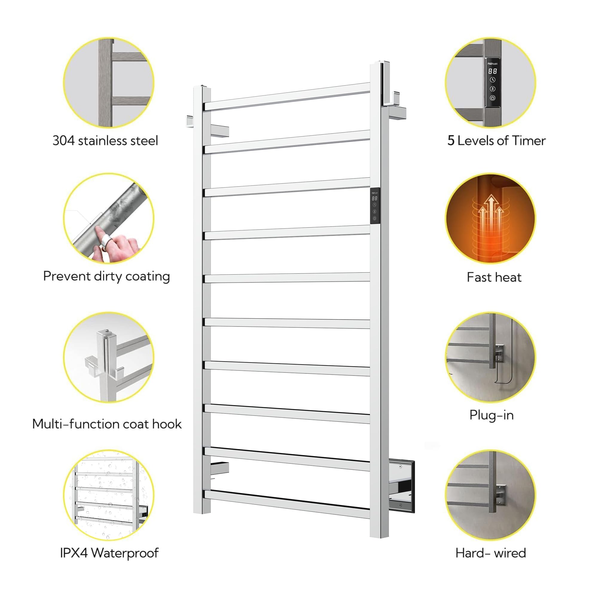 P&Bhusri Heated Towel Rack, 10-Bar Towel Warmer Rack For Bathroom, Wall Mounted Electric Towel Rack With Timer And Led Indicator