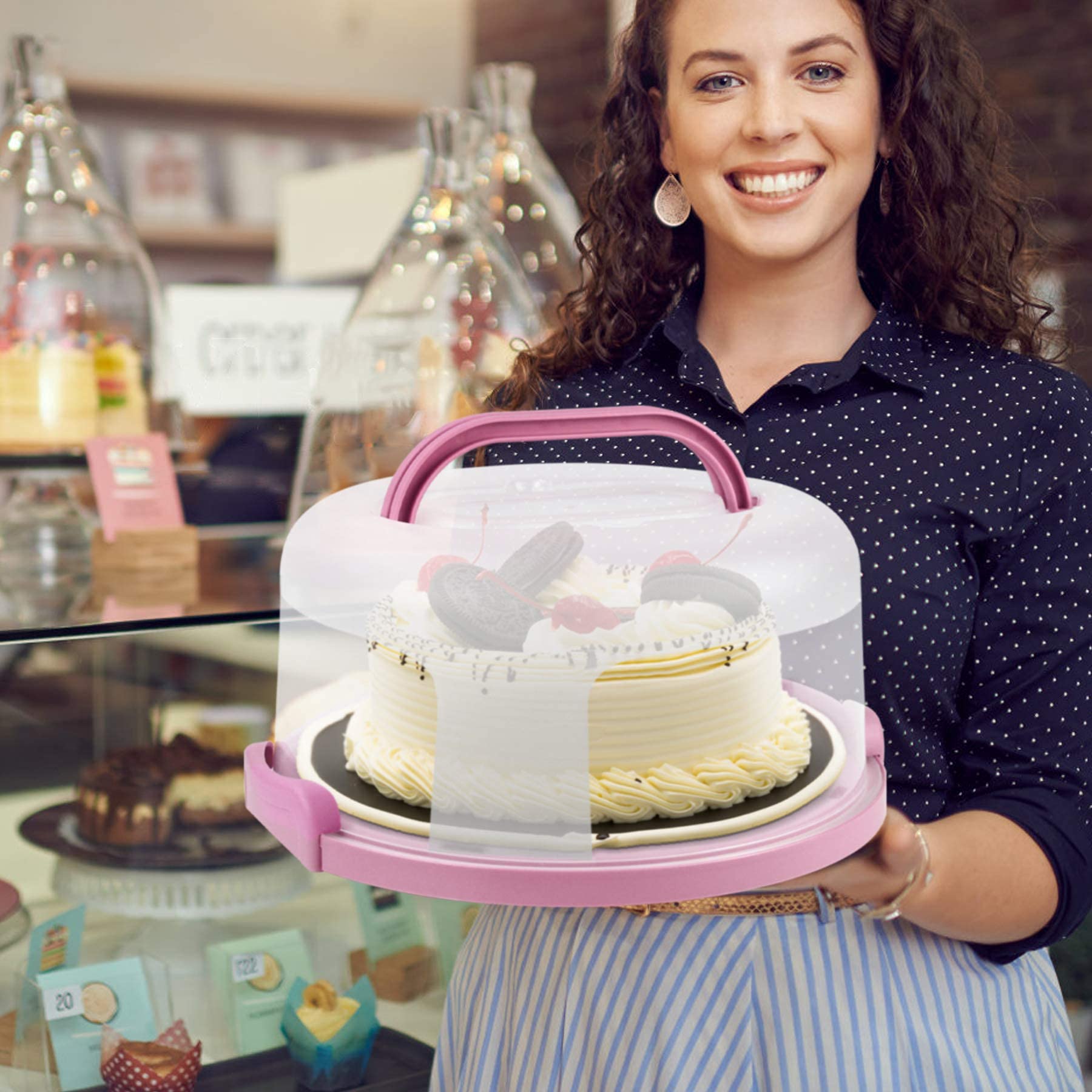 Zoofen Plastic Cake Carrier With Handle 10In Cake Holder Cake Stand With Lid Pink Cake Container For 10In Cake Round Cake Carrie