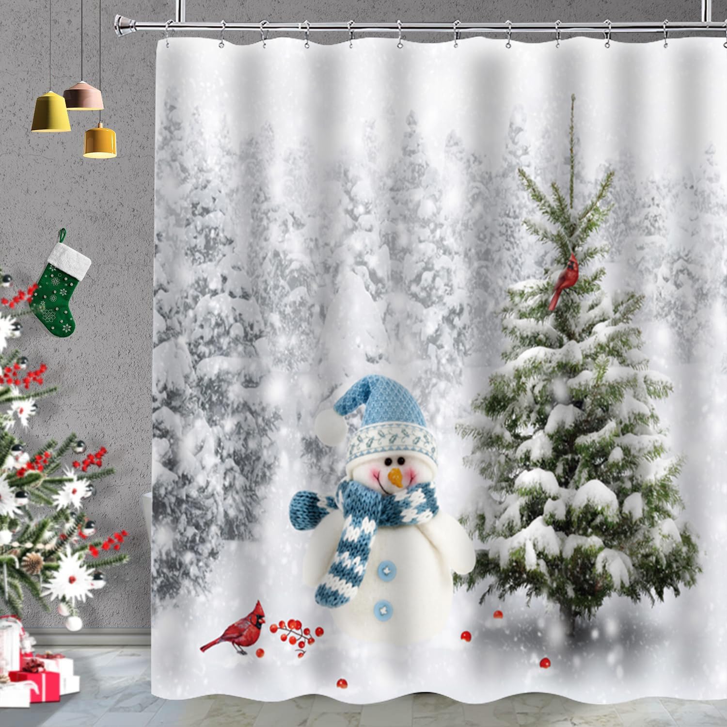Cnayuep Christmas Shower Curtain, Winter Shower Curtain Set, Waterproof Cute Bathroom Shower Curtain Sets, Snowman Christmas Tre