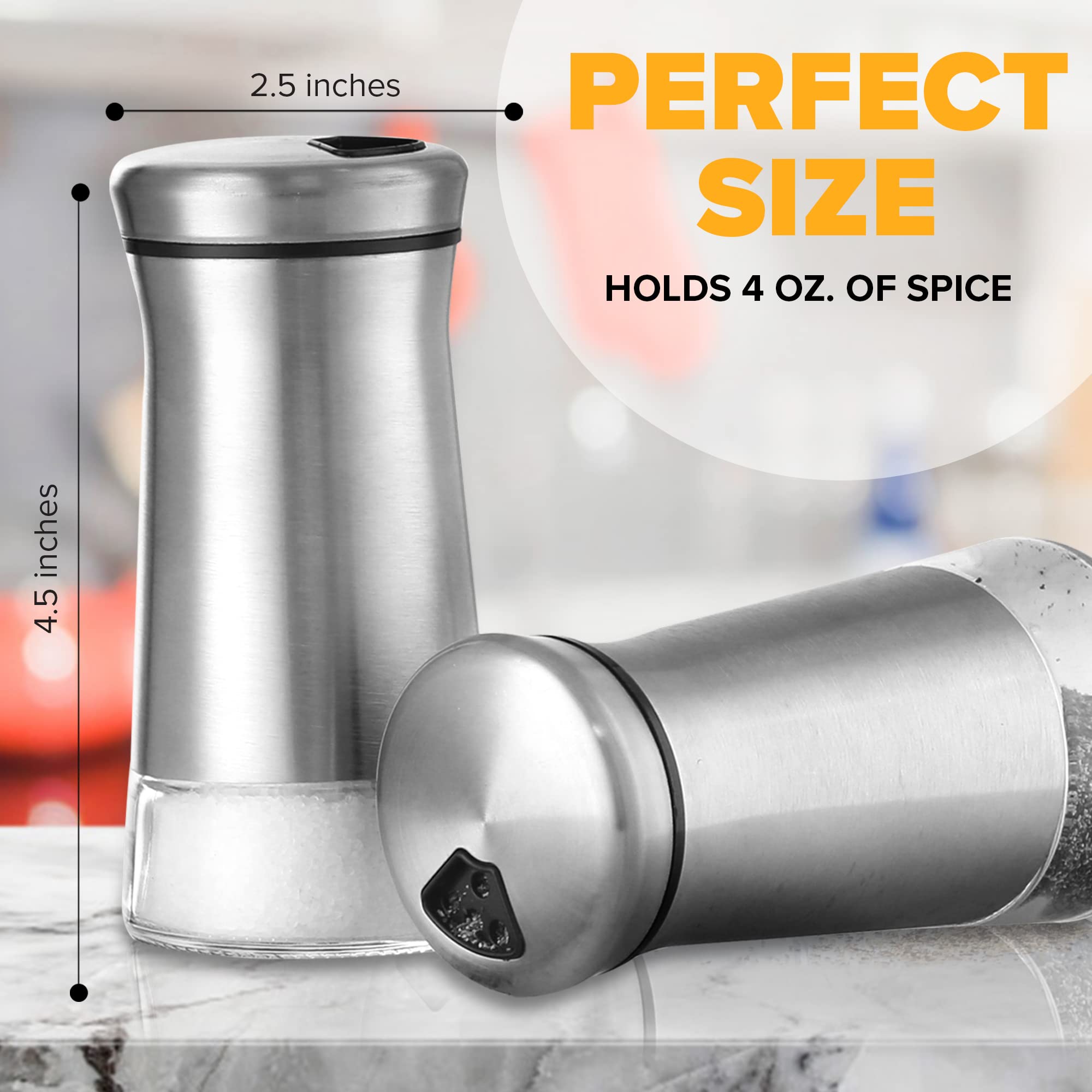 The Original Salt And Pepper Shakers Set - Silver- Spice Dispenser With Adjustable Pour Holes - Stainless Steel & Glass Set Of 2