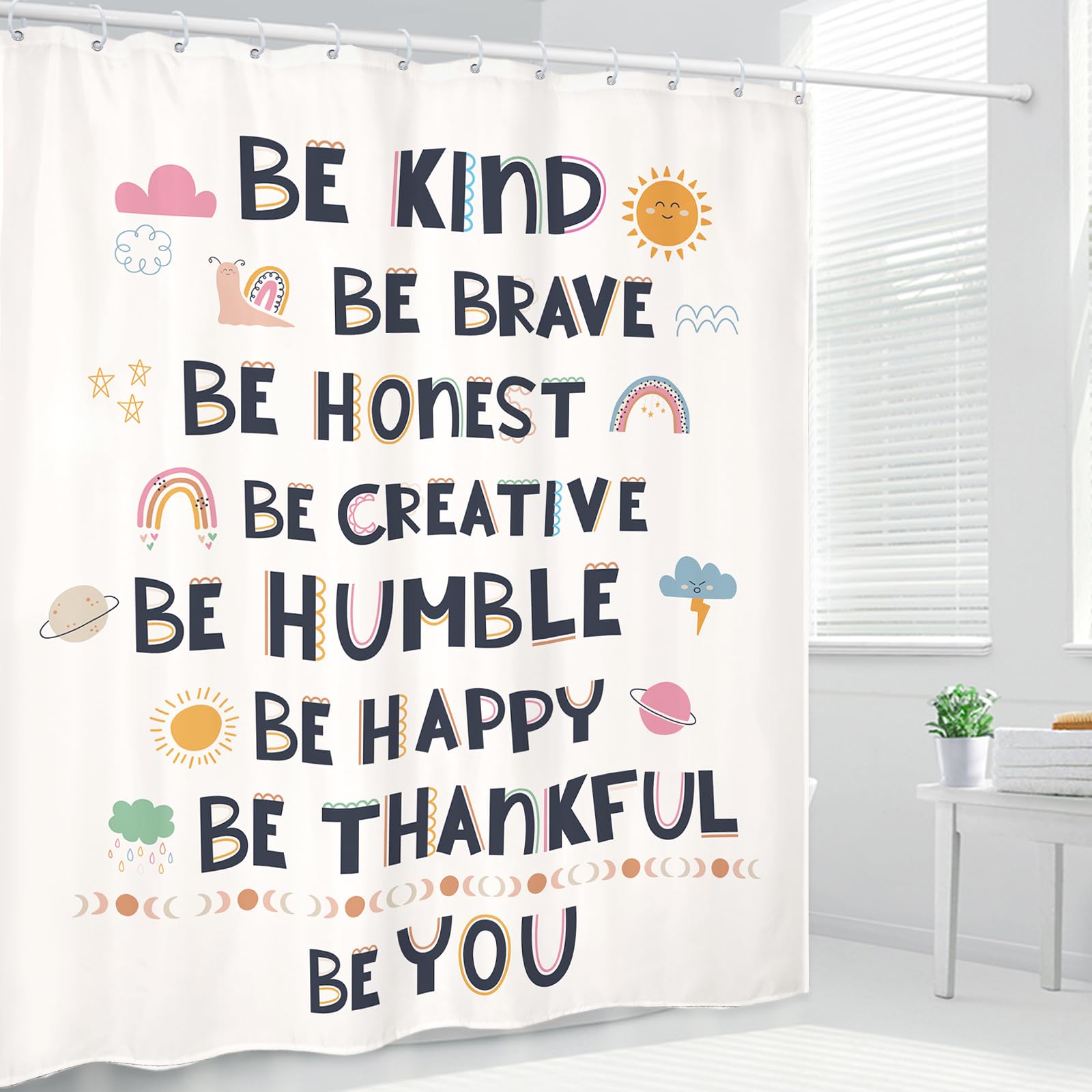 Kalmico Kids Quotes Inspirational Shower Curtain 60Wx72L Inch Boys Girls Motivational Positive Child Nursery Rainbow Sun Cute Ba