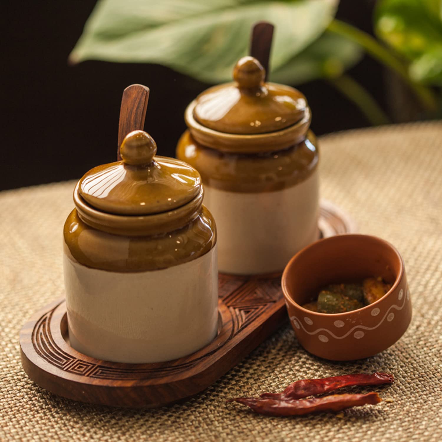 Exclusivelane OldFashioned Ceramic Pickle Jars For Dining Table With 2 Spoons & 1 Tray (Non Airtight, 230 Ml, Brown & Beige) |P