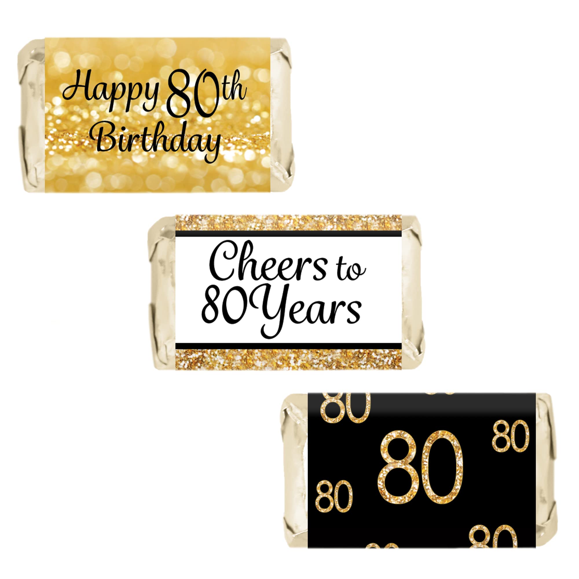 80Th Birthday Party Mini Candy Bar Wrappers - Black And Gold - 45 Stickers