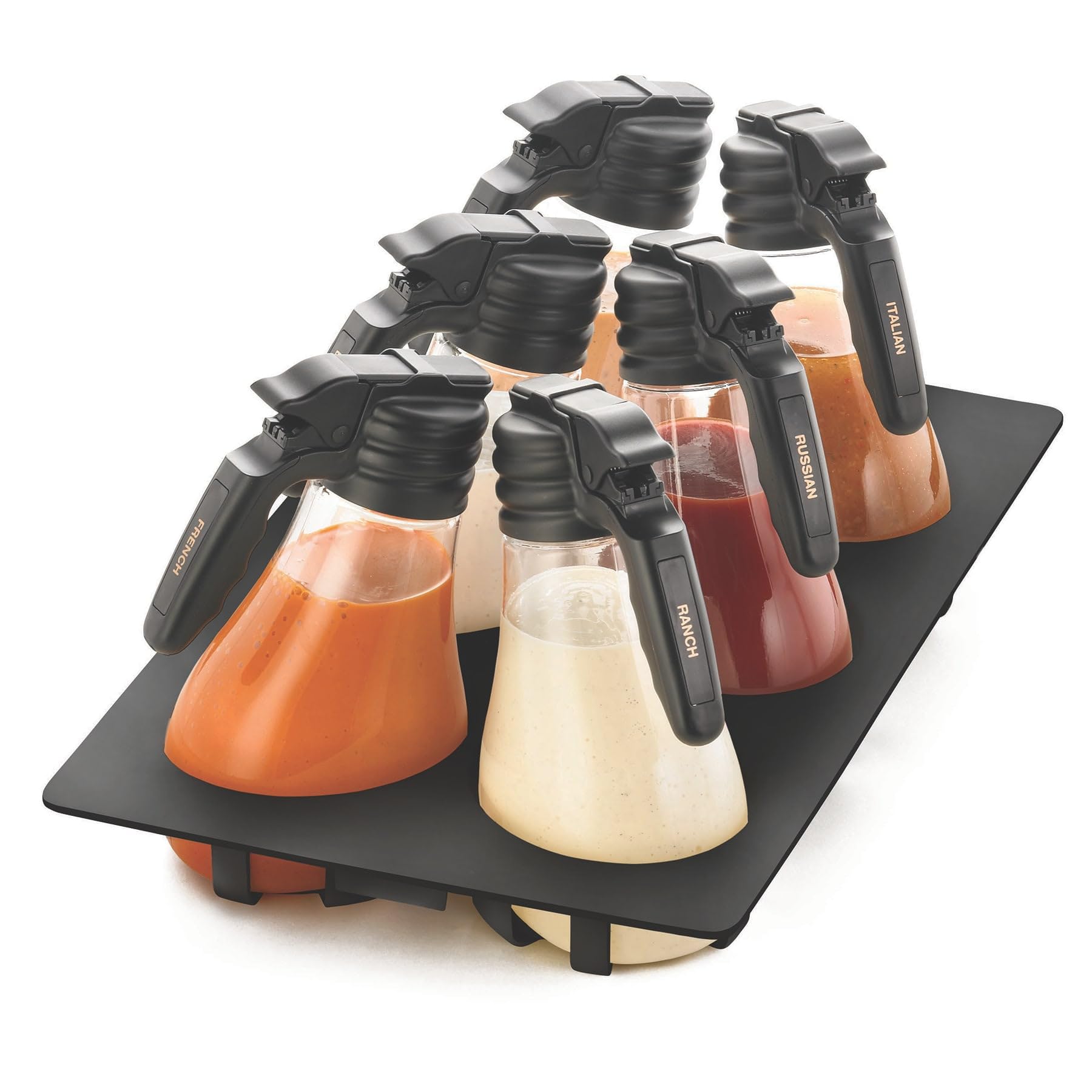 TableCraft N481BK, Dressing Set, 48 oz., Black, Includes 6 Tritan Dispensers with Screw Top and Handle, Black Tray, 10 Tags for 
