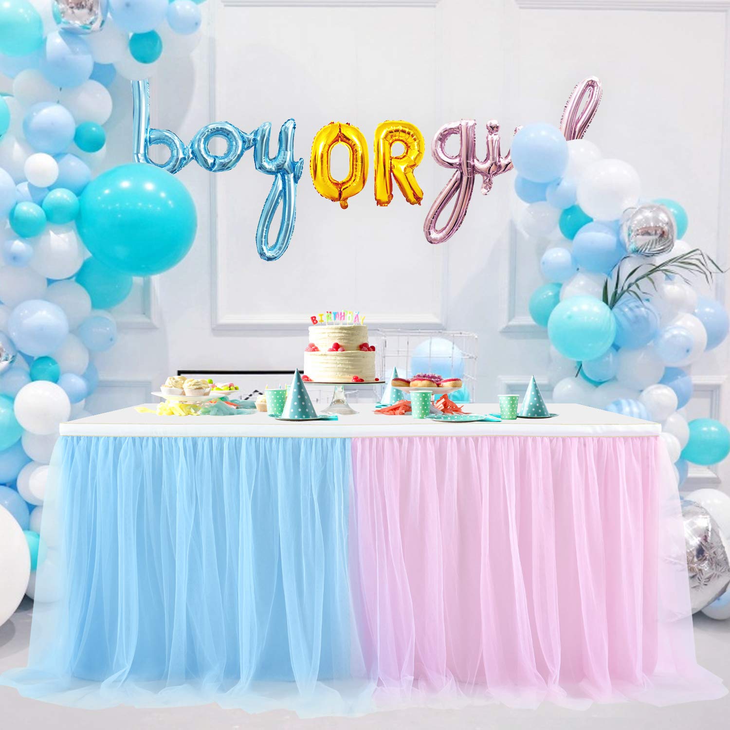 Suppromo 9ft Pink and Blue Gender Reveal Table Skirt Tulle Tutu Table Clothes Cover for Baby Shower Boy or Girl Birthday Party W
