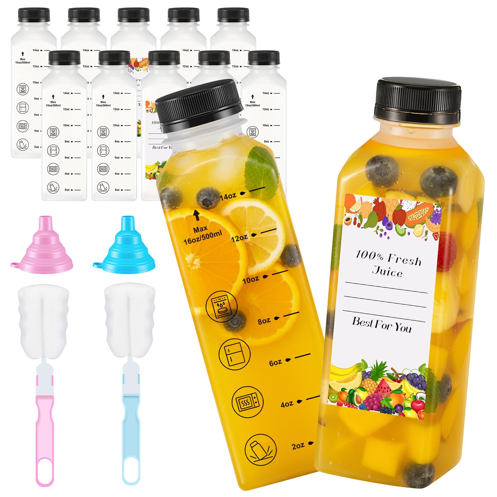 LemonRoad 12 Pcs 16 oz Juice Bottles with Lids, Dishwasher Safe Reusable Plastic Bottles with Caps, Measurement Markings, Clear 