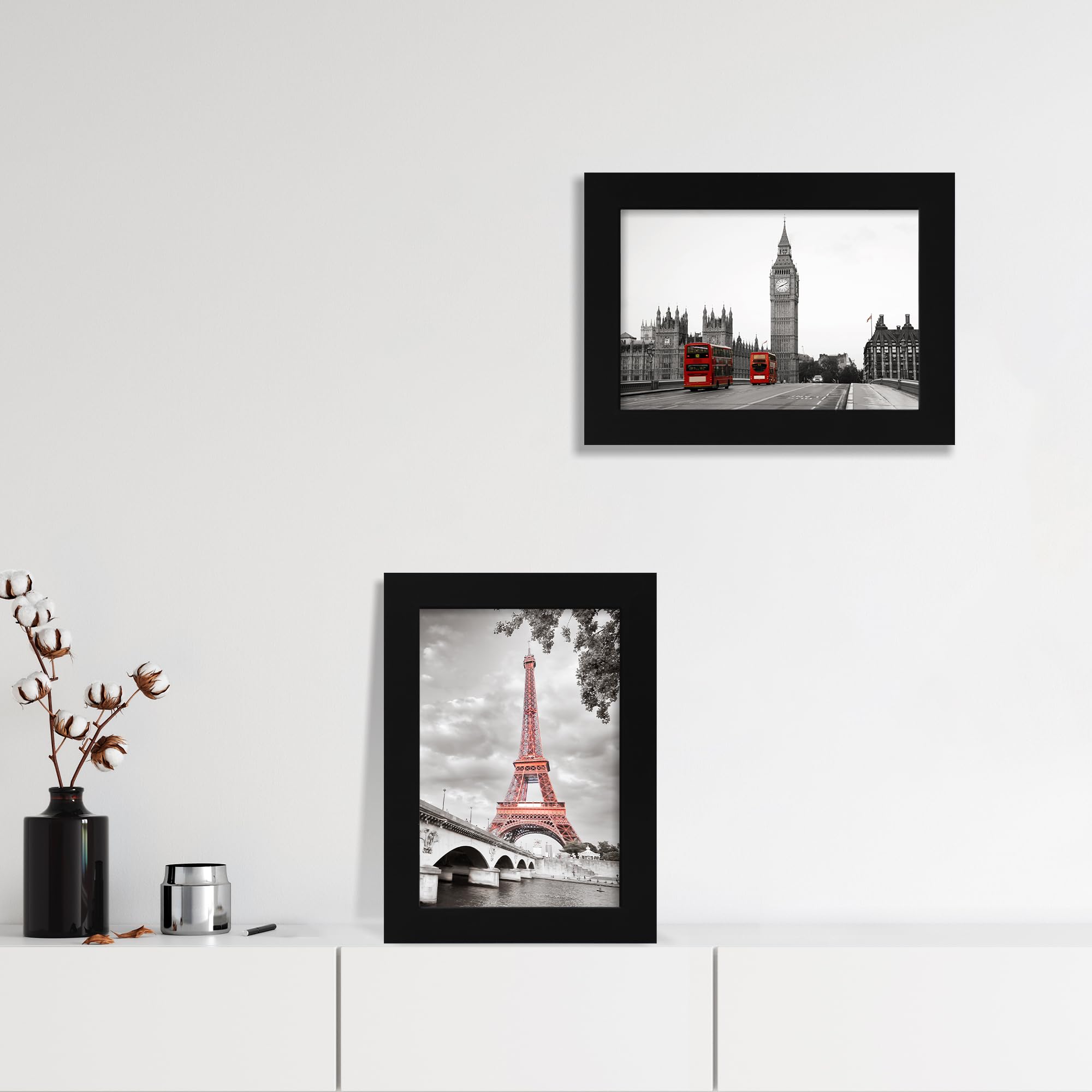 iRahmen 6x9 Picture Frame Set of 2 with HD Glass, Black Wood Photo Frames for Horizontal or Vertical Tabletop and Wall Mounting