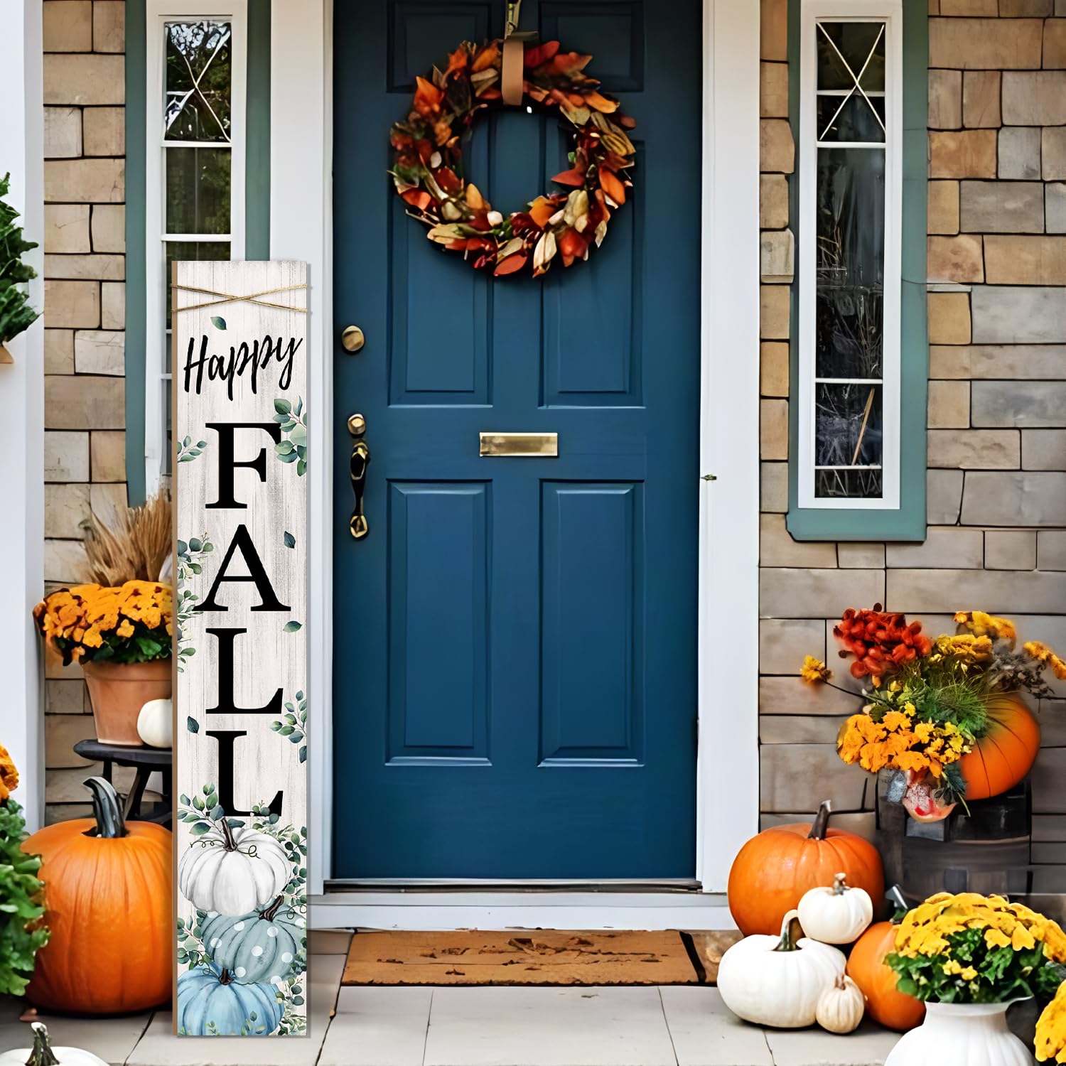 Happy Fall Wooden Porch Sign,47 Large Vertical Pumpkin Welcome Sign for Front Door, Yard, or Autumn Party Decor