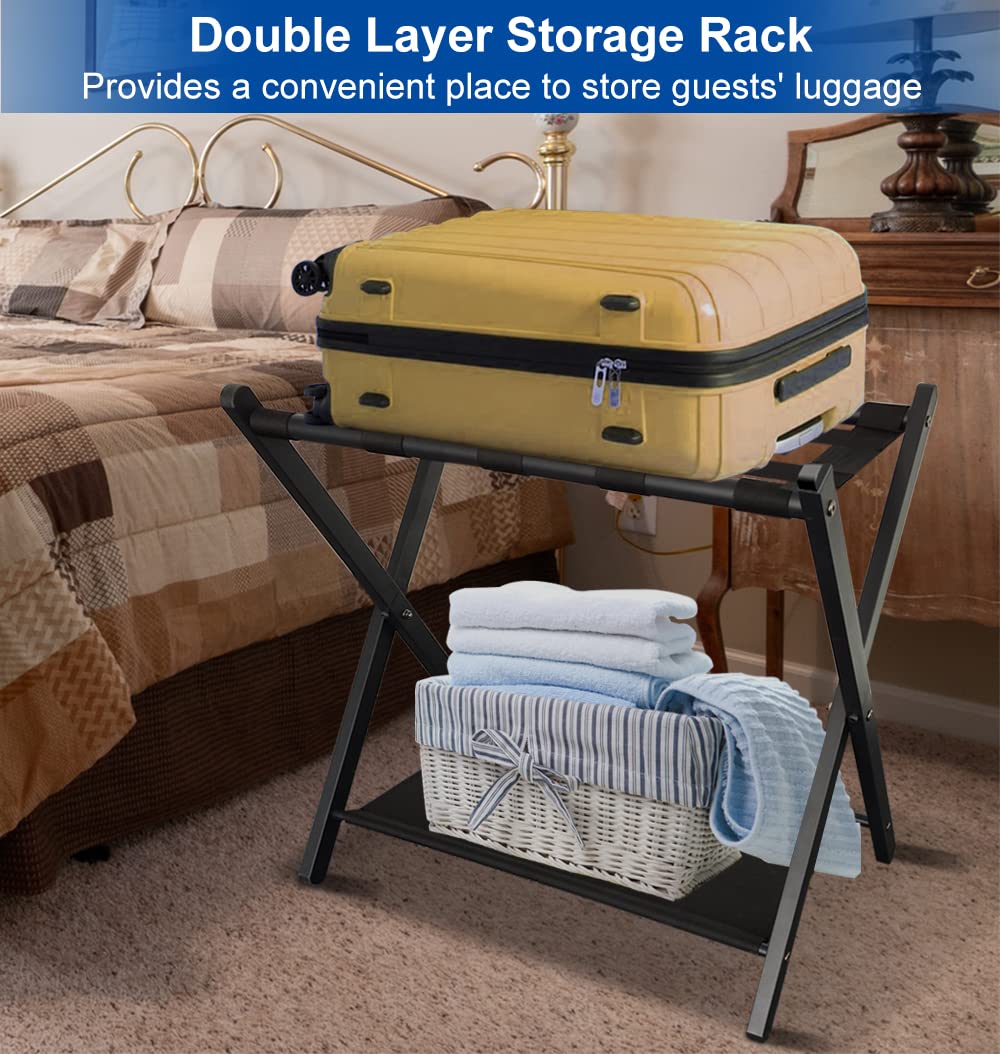 Queension Folding Luggage Rack Stand With Shelf For Guest Room, Foldable Metal Suitcase Storage Caddy Holder For Bedroom Hotel E