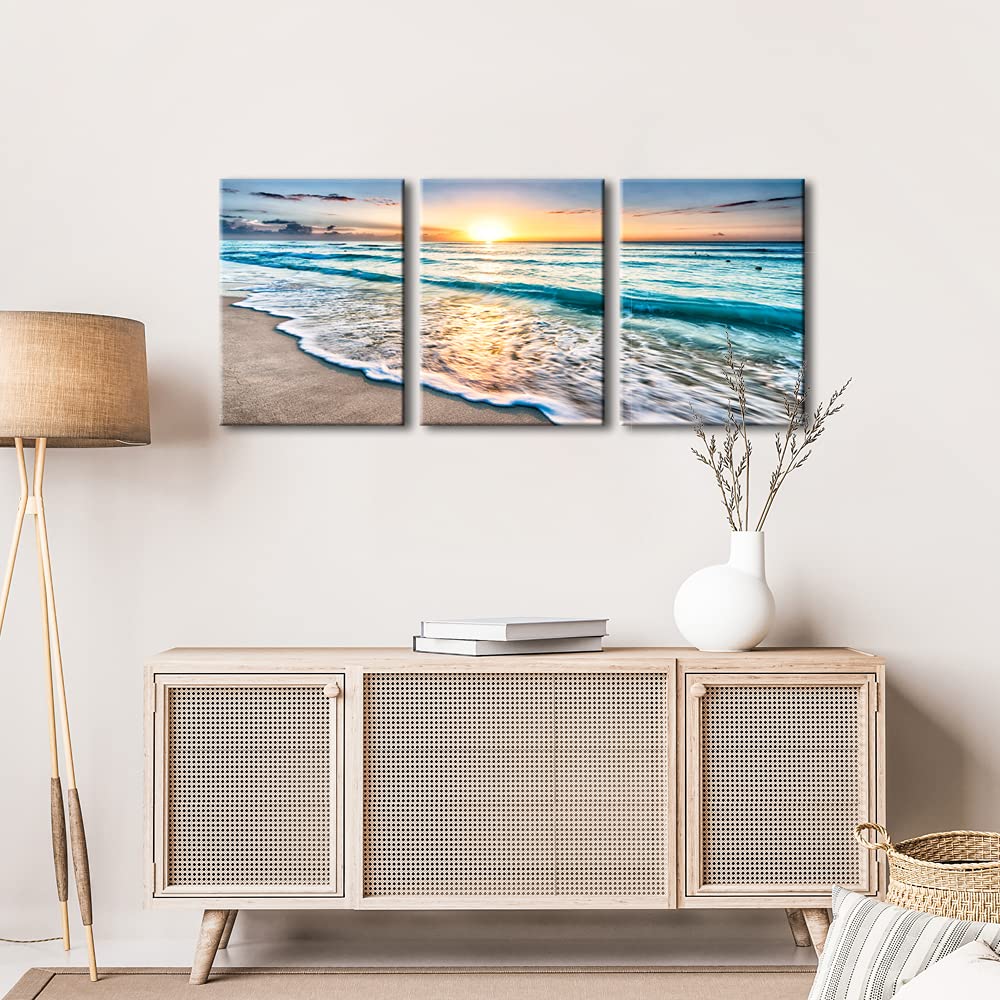 Wieco Art 3 Panel Blue Beach Canvas Wall Art For Home Decor Sunset White Wave Beach Pictures On Canvas Sea View Canvas Prints Ar