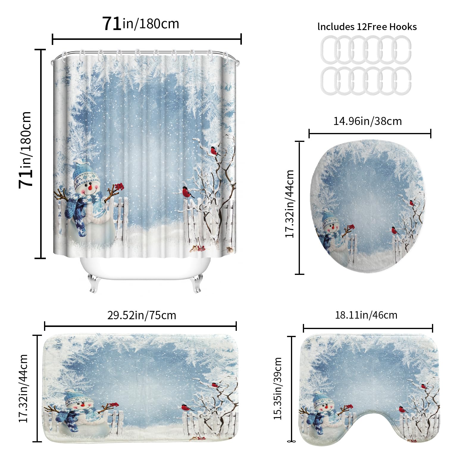 Onalasyc 4-Piece Christmas Shower Curtain Set, Winter Christmas Tree Cute Blue Snowman Holiday Merry Bathroom Set with Shower Cu