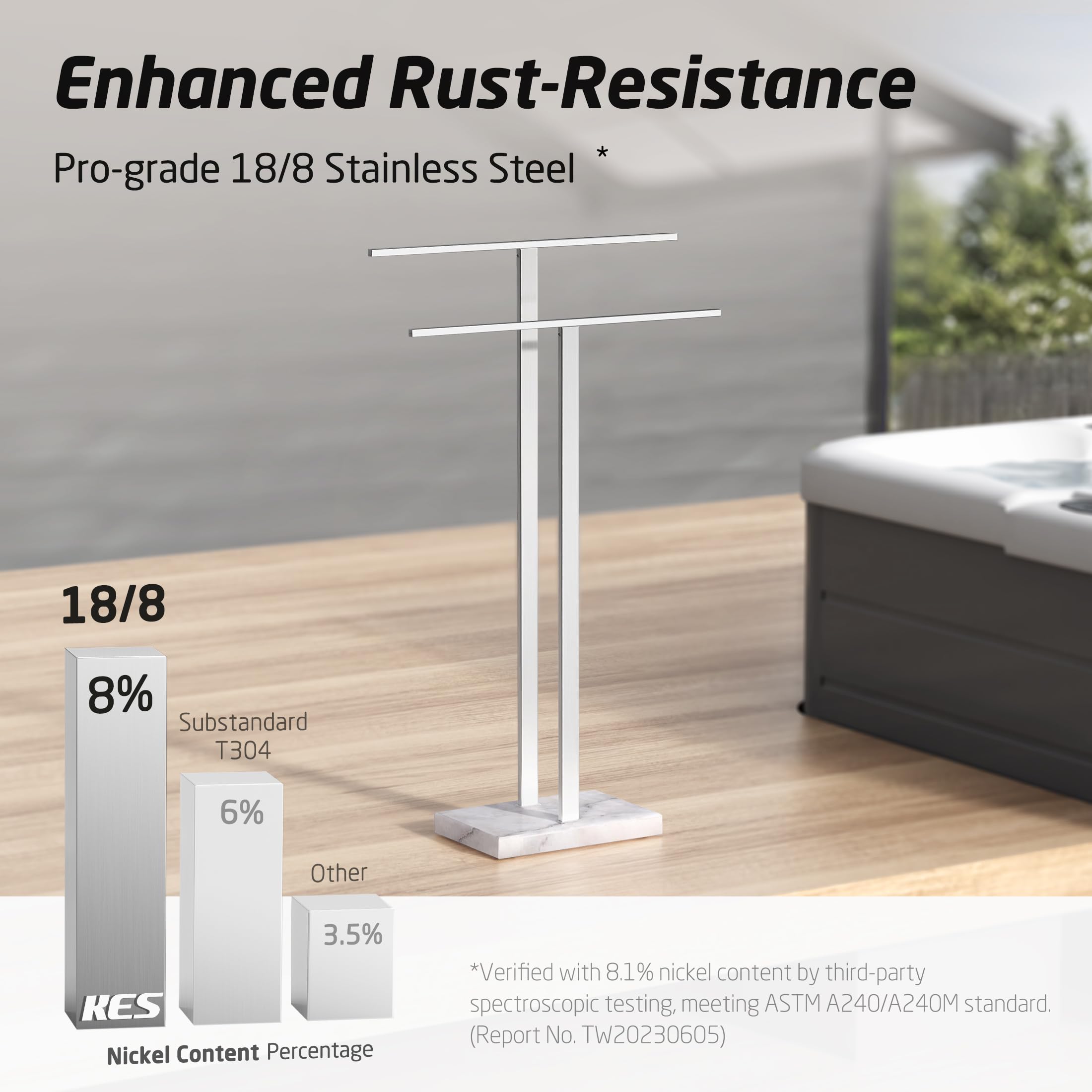 Kes Standing Towel Rack 2-Tier Towel Rack Stand With Marble Base For Bathroom Floor, Upgrade Steady Design, Pro-Grade 18/8 Stain