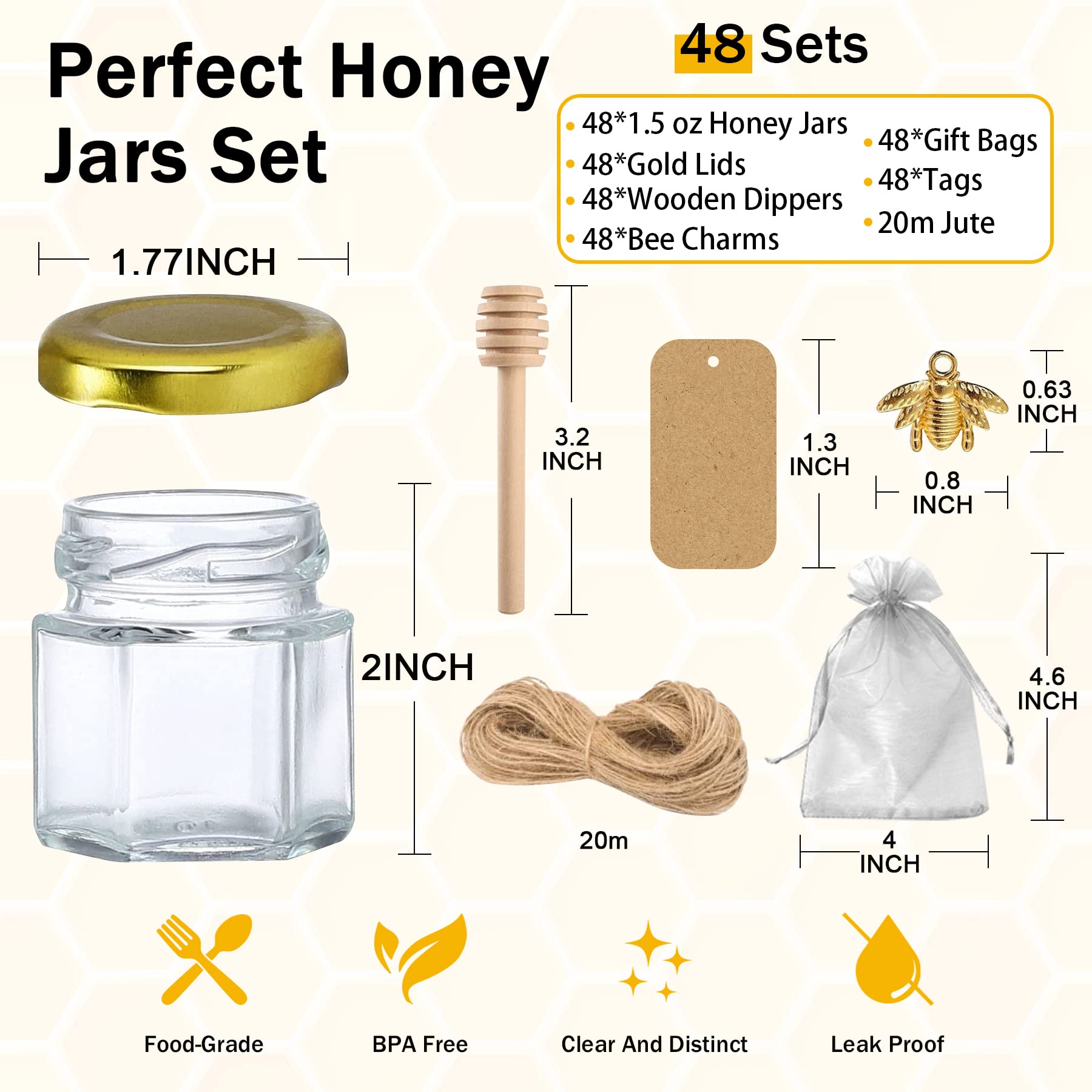 Aliggbent Honey Jars,48 Pack Mini Jars Party Favors In Bulk, 1.5 Oz Hexagon Small Glass With Dipper, Gold Lids, Cute Bee Pendant