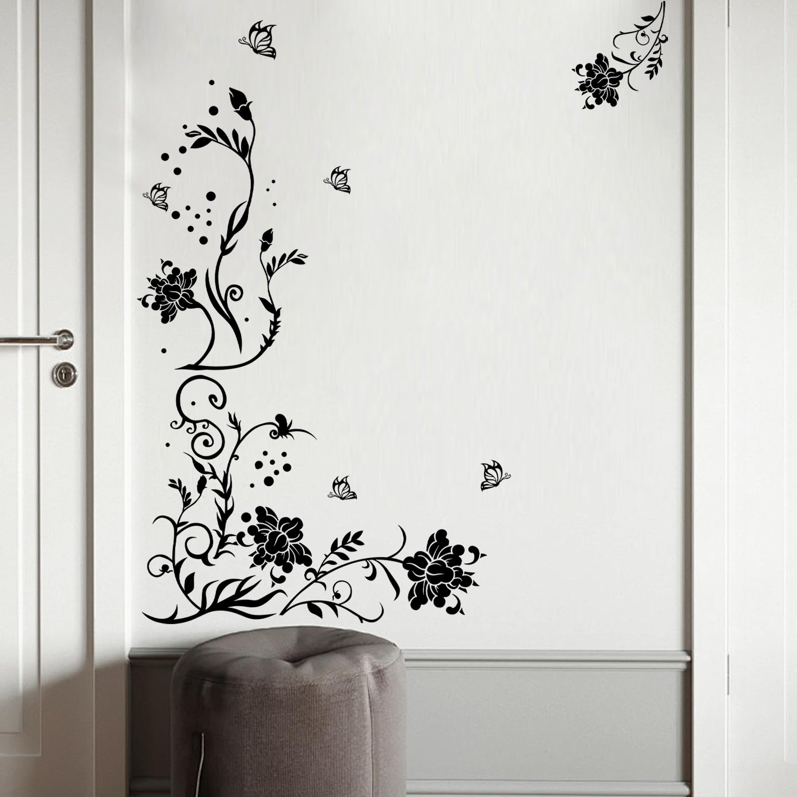 Supzone Flowers Vine Wall Decals Black Flower Wall Stickers Butterfly Floral Wall Decor Removable Vinyl Diy Home Wall Art Sticke