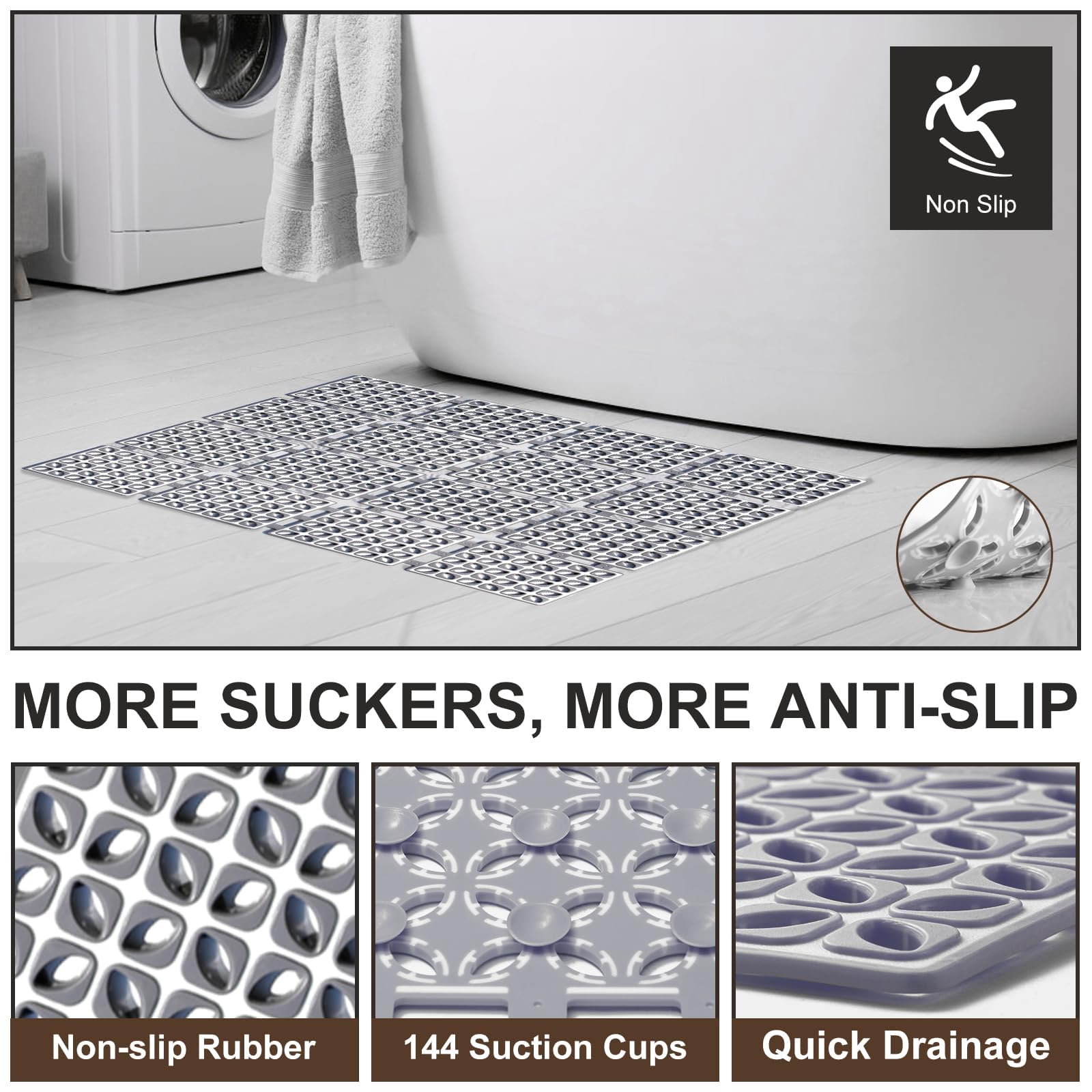 Shower Mat Non Slip,24''X24'' Bathtub Mat Non Slip Square Shower Mats For Inside Shower With Drain Holes Suction Cups, Quick Dra