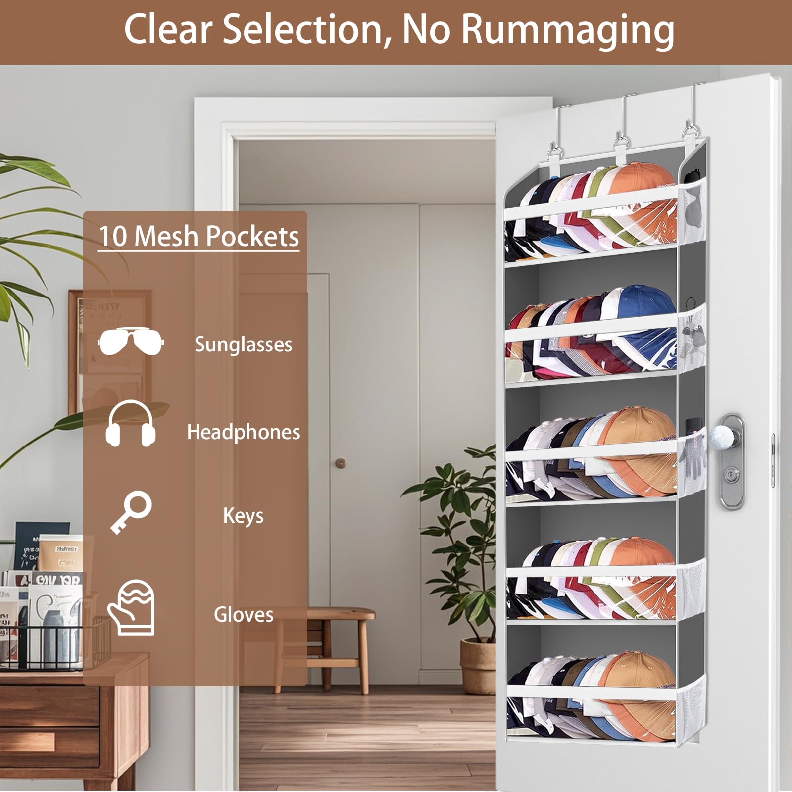 Kyevis Over The Door Hat Organizer For Baseball Caps, Hold Up To 60 Hats Rack Storage For Door/Closet/Wall, Clear Pockets Hangin