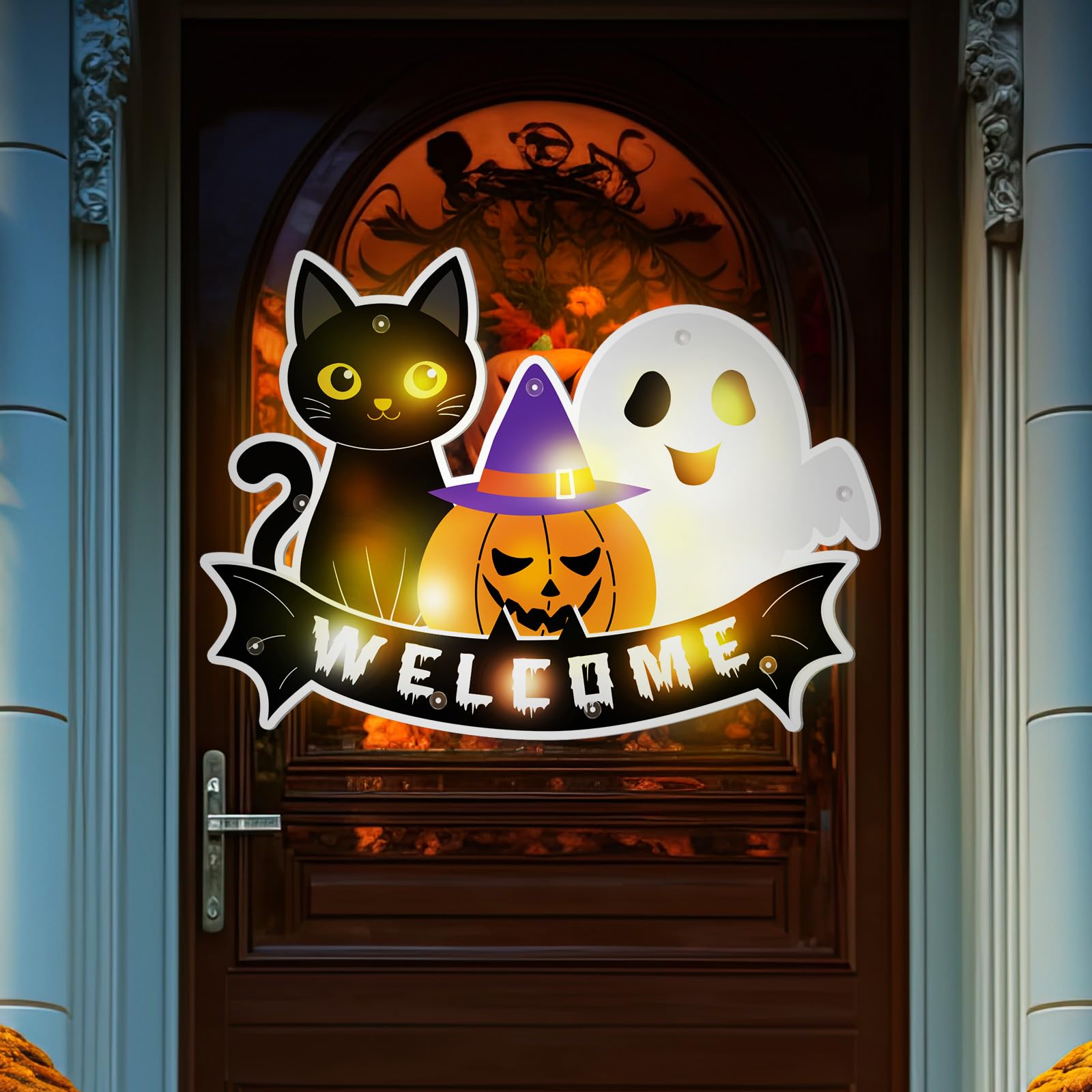 Wonderjune Welcome Halloween Door Decorations with Lights up Plastic Hanging Window Front Door Wreath Battery Powered Welcome Bl
