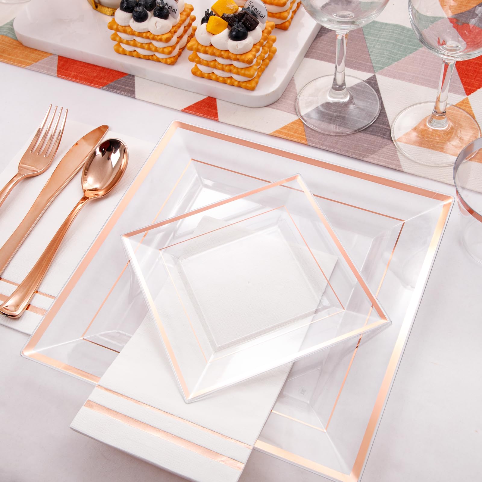 Festiva 350Pcs Rose Gold Plastic Plates - Clear Rose Gold Disposable Dinnerware Sets For 50Guests Include 100 Plates 50 Cups 50P