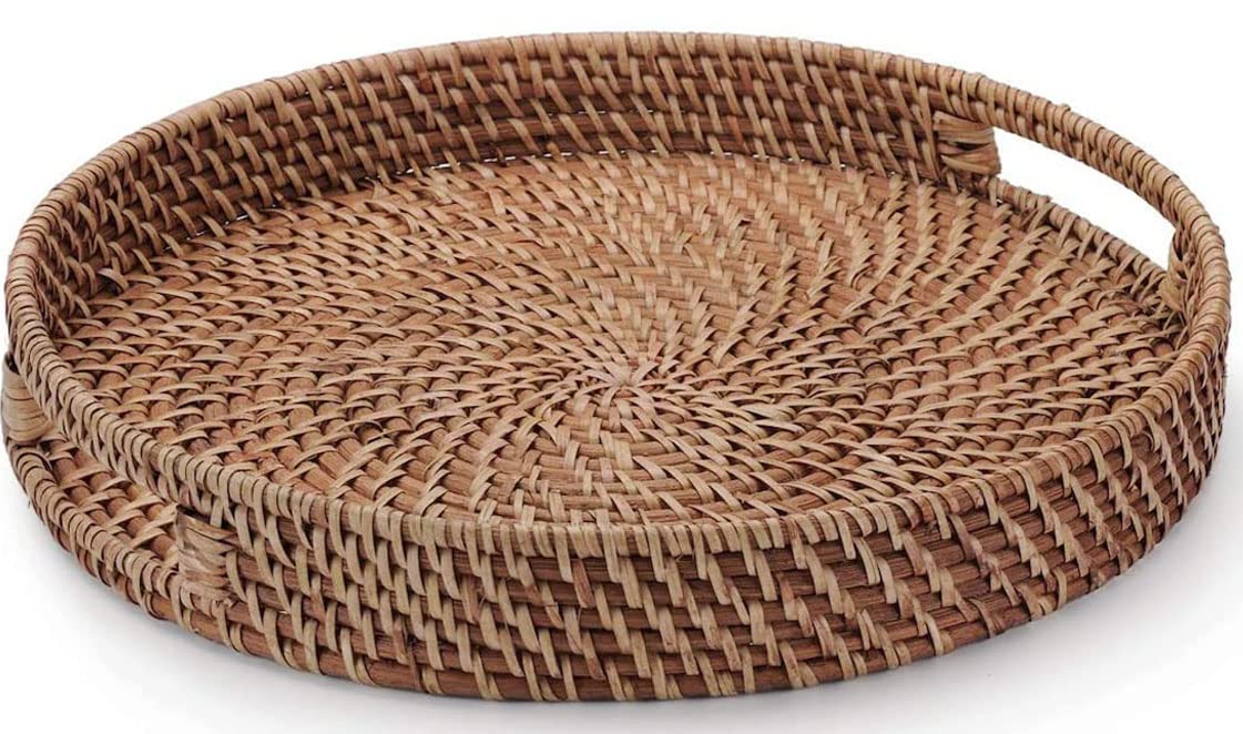 16.9 Inch Rattan Tray, Round Wicker Tray With Cut-Out Handles, Woven Serving Tray For Dining/Coffee Table