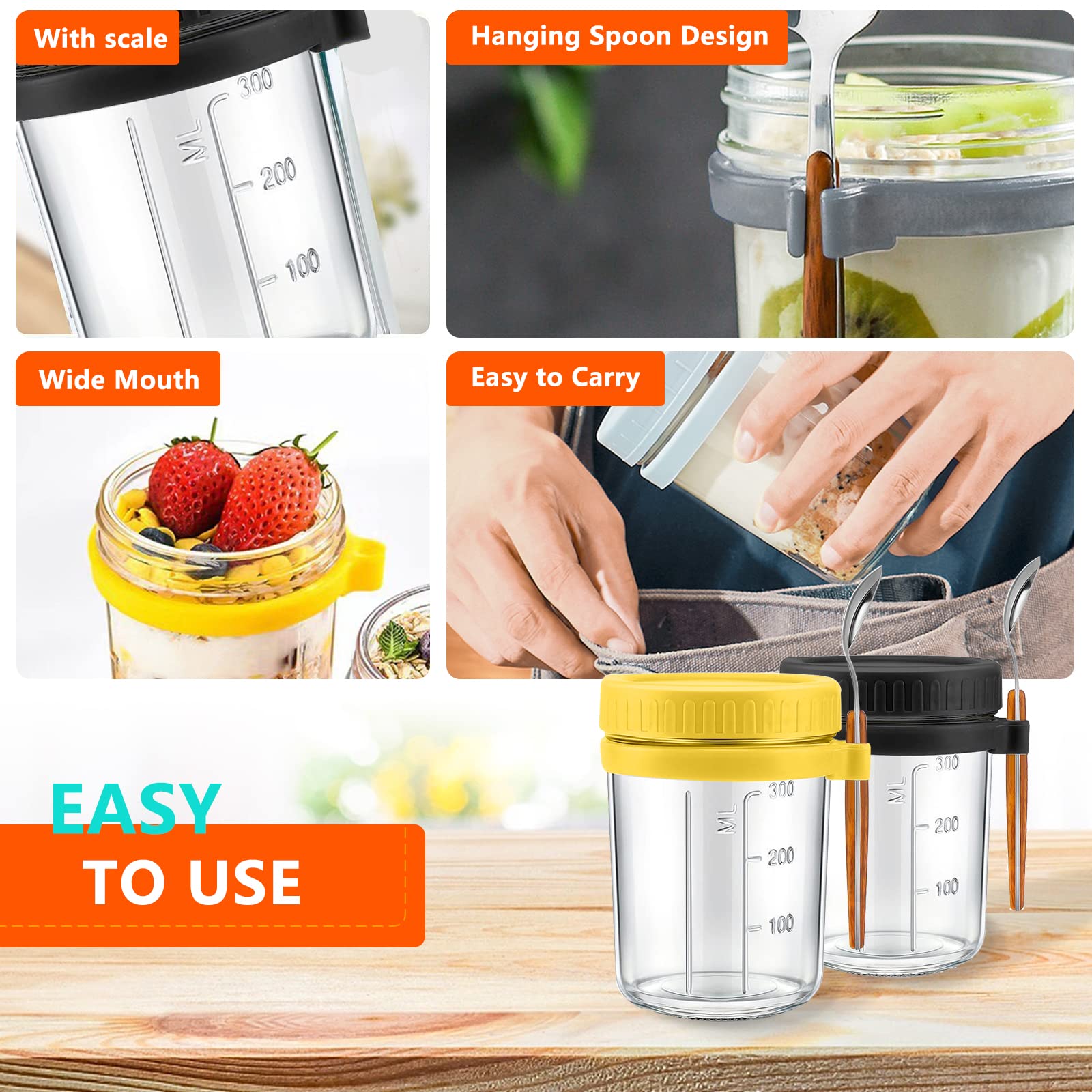 Cghwbea Overnight Oats Containers With Lids And Spoon Set Of 2 Jars 12Oz Airtight Container With Measurement Marks, Reusable On