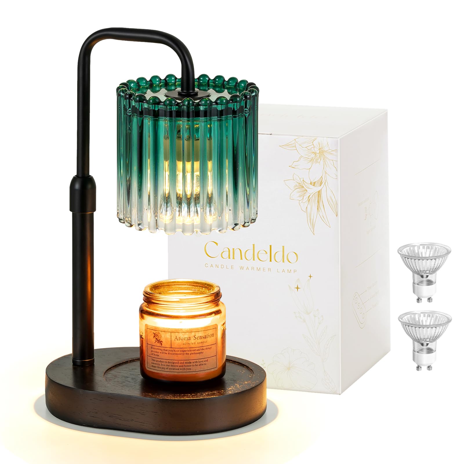 Candeldo Candle Warmer Lamp with Timer: Emerald Green Candle Warming Lamp with 2 Bulbs Height Adjustable Wax Melt Dimmable Bedro
