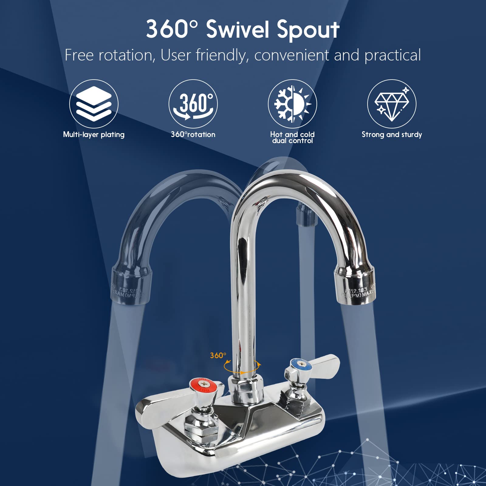 4 Inch Center Commercial Sink Faucet Wall Mount Kitchen Hand Sink Faucet, 1/2'' Npt Male Inlet, Brass Constructed & Chrome Polis