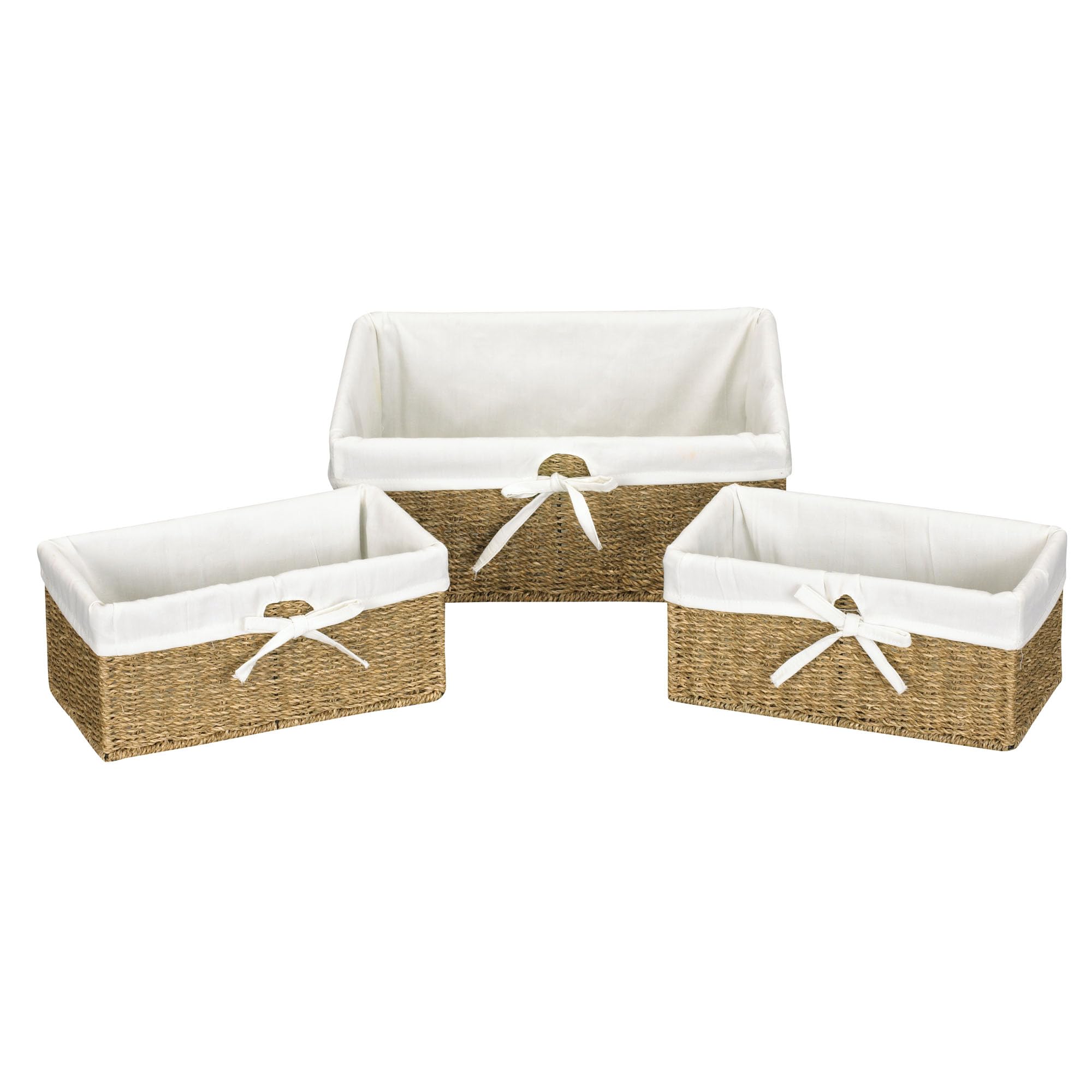 Household Essentials Ml-5611 Set Of Three Woven Wicker Storage Baskets With Removable Liners | Natural Seagrass,Brown