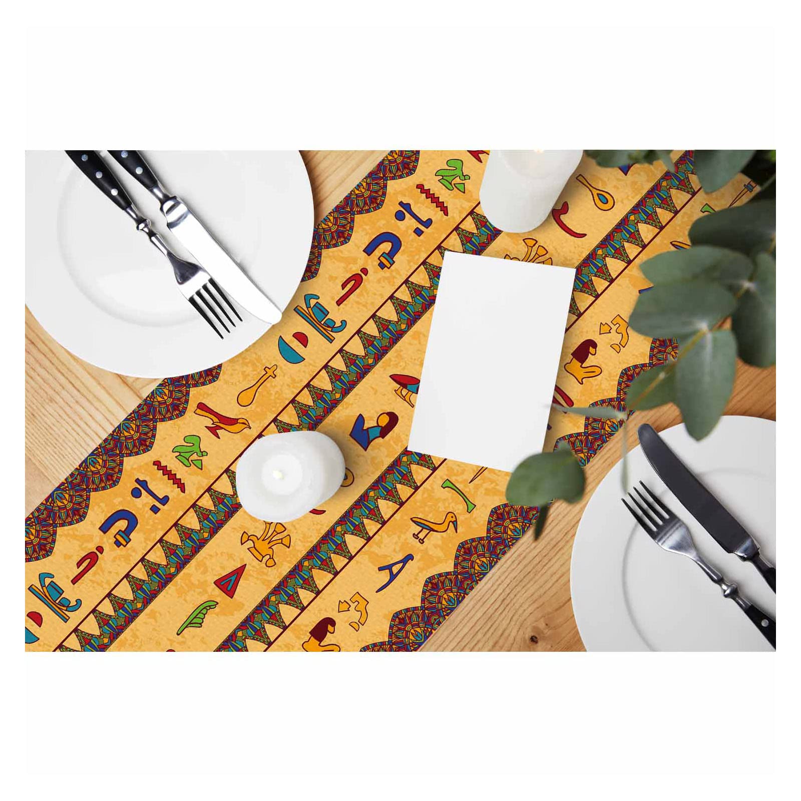 Hosnye Table Runner Colorful Ancient Egyptian Hieroglyphs And Floral Geometric,Cotton Linen Table Runner Decoration For Kitchen