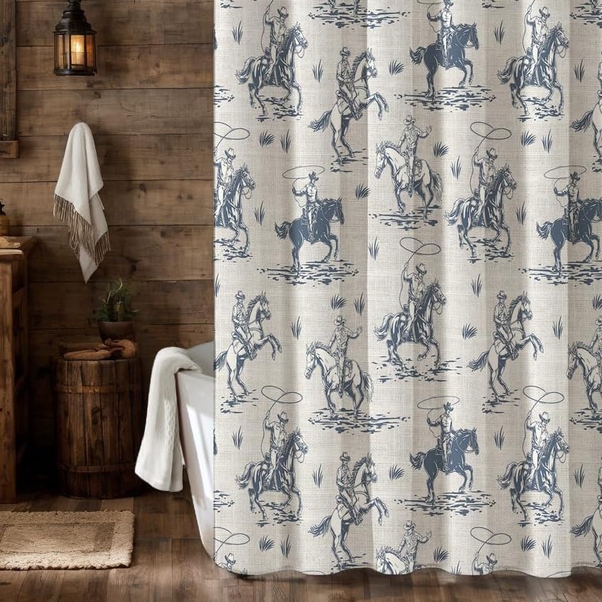 Muginyu Boho Blue Floral Linen Shower Curtain For Bathroom - Rustic Farmhouse Bow & Flower Print Pattern Botanical Boho Shower C