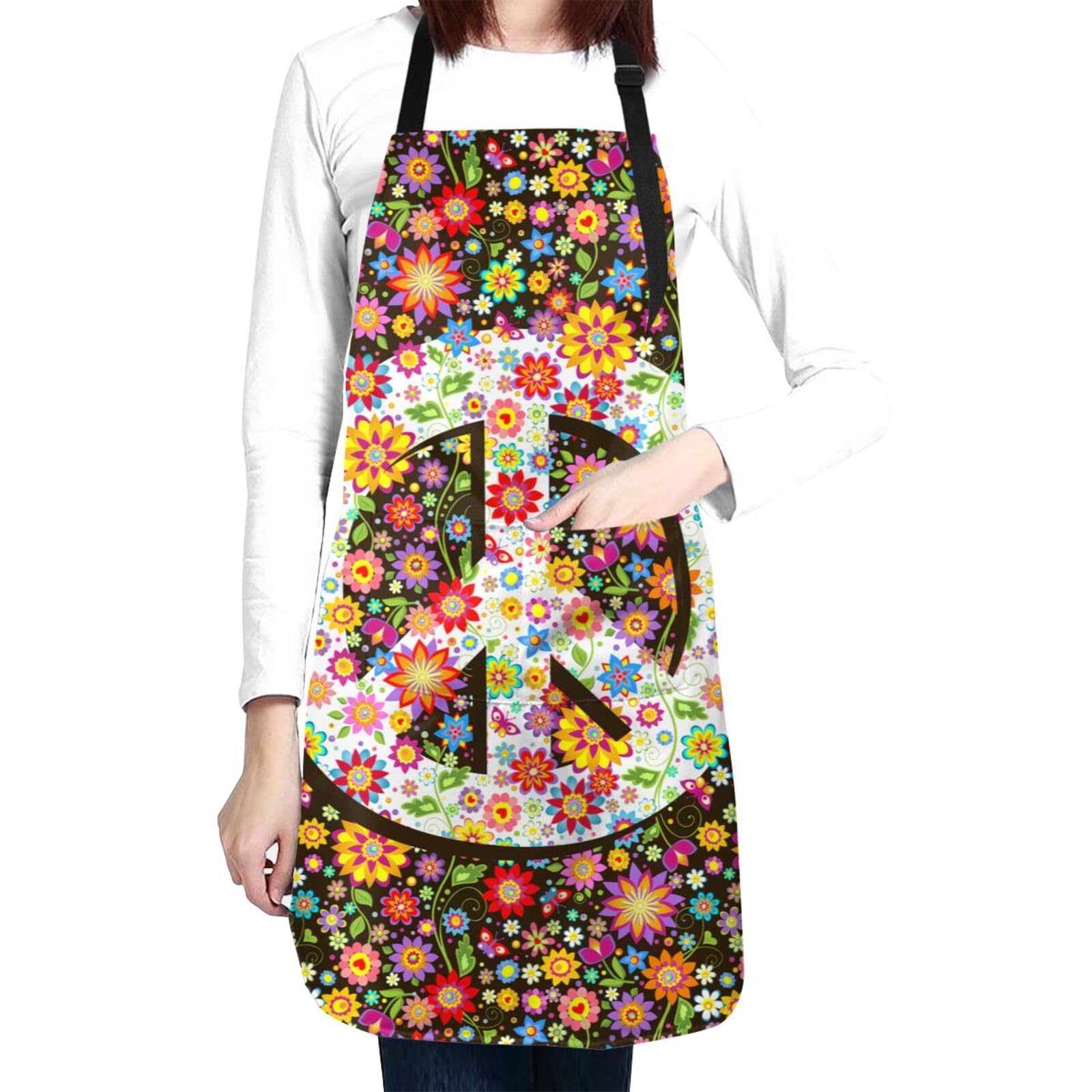 Abucaky Hippie Peace Sign Waterproof Apron For Adults Colorful Flowers Chef Bib With Roomy Pockets For Kitchen Bbq Crafting Draw