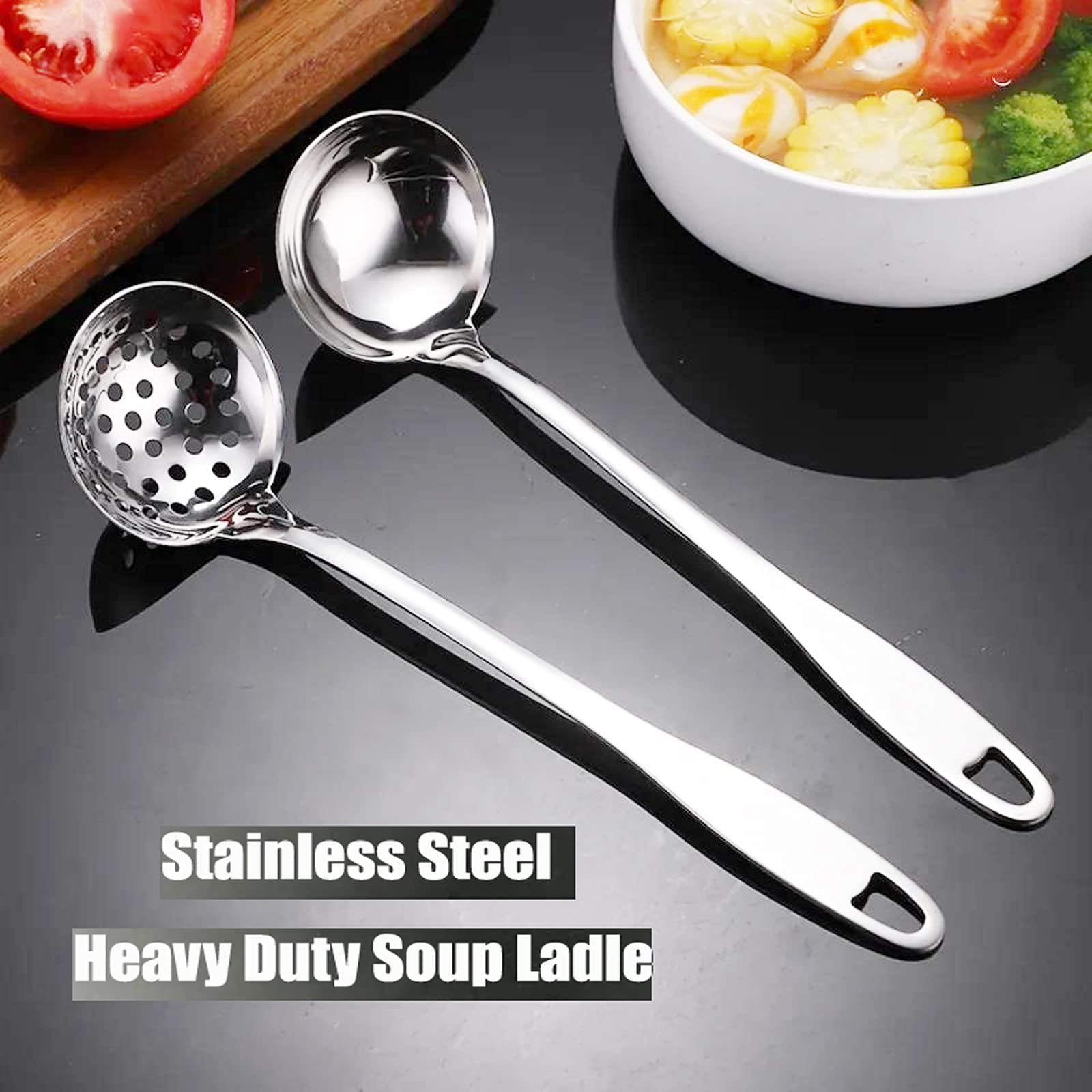 iPstyle Stainless Steel Soup Spoon Set - Heavy Duty 12" Ladle with Mirror Finish - Perfect for Hotpot and Serving Soup (2PCS)