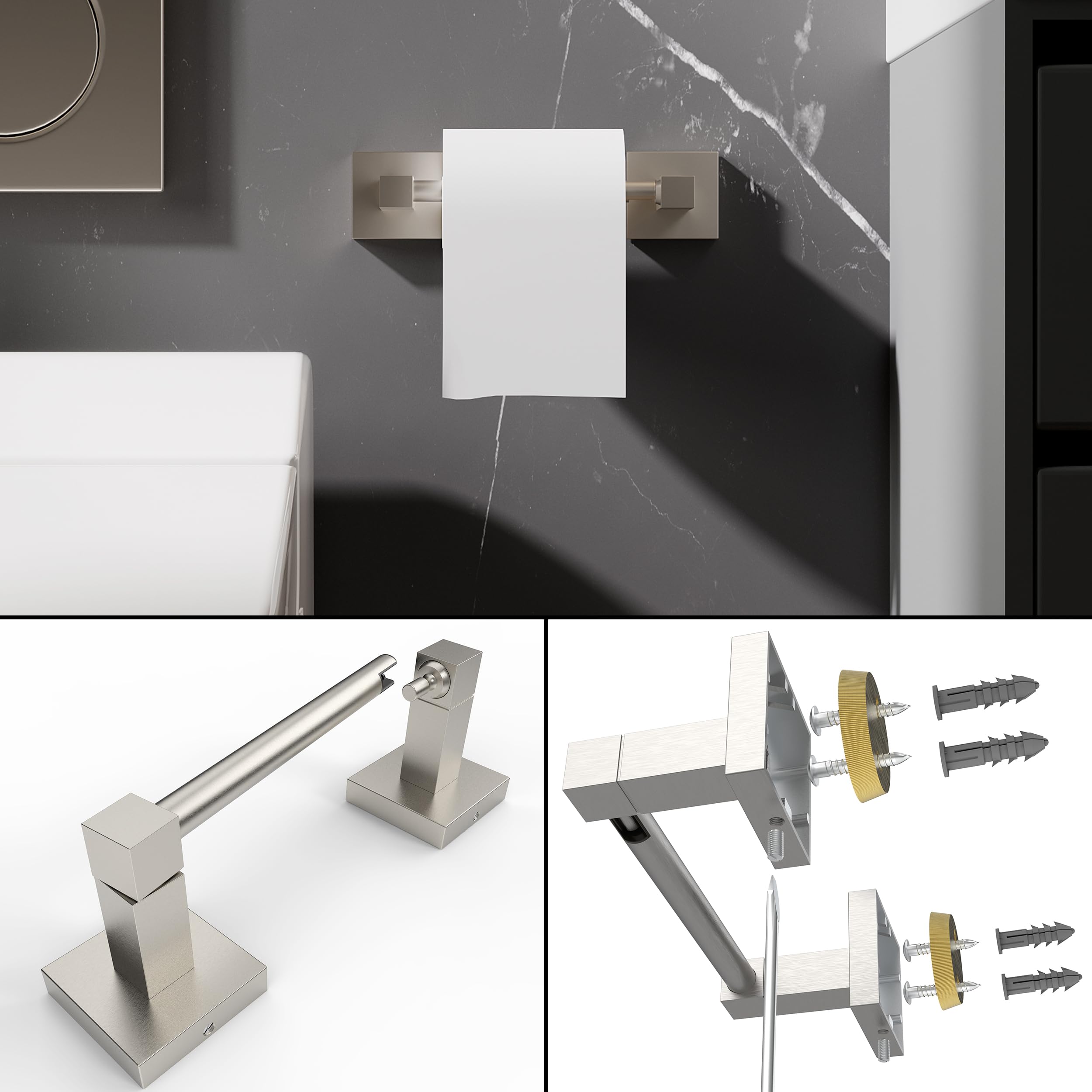 Ruacq Brushed Nickel Toilet Paper Holder Towel Ring Bathroom Accessories Hardware Set Double Post Pivoting Toilet Roll Holder Sq