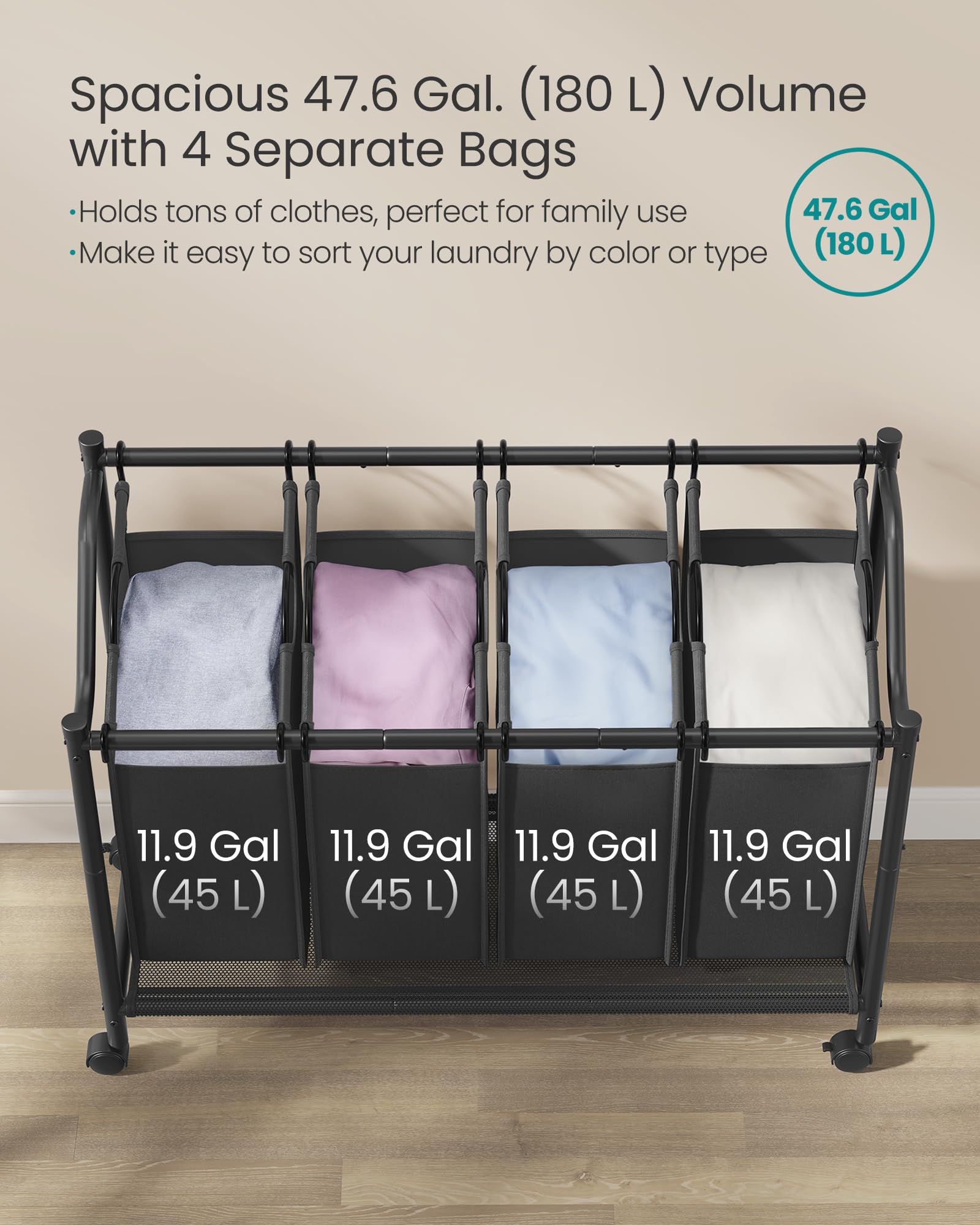 Songmics Laundry Sorter, Rolling Laundry Basket With 4 Removable Bags, Laundry Hamper, Laundry Cart, For Laundry Room, Bedroom,