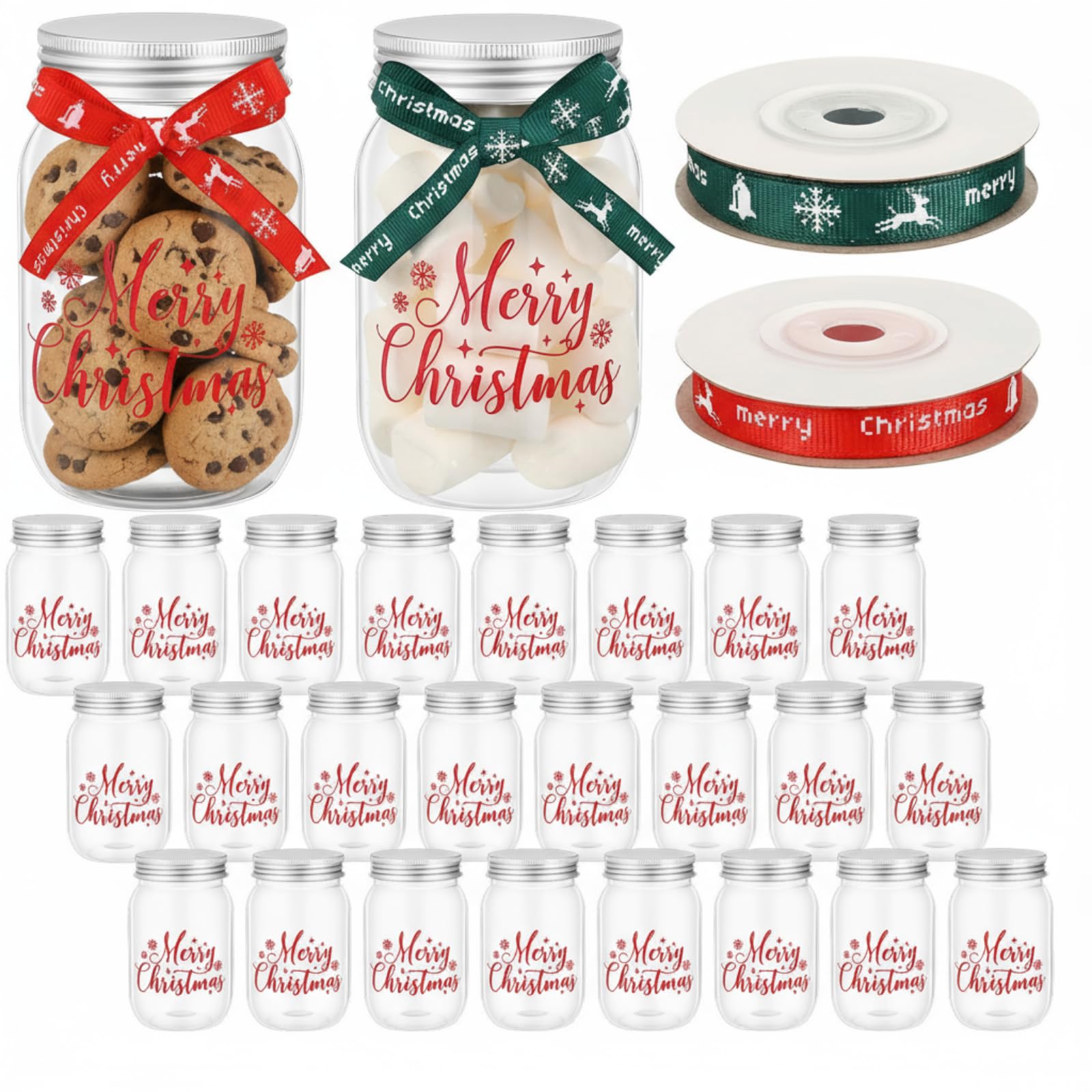 Yungyan 24 Set 12oz Christmas Mason Jars Christmas Candy Jars with Lids Ribbons Print Pattern Clear Plastic Cookies Containers f