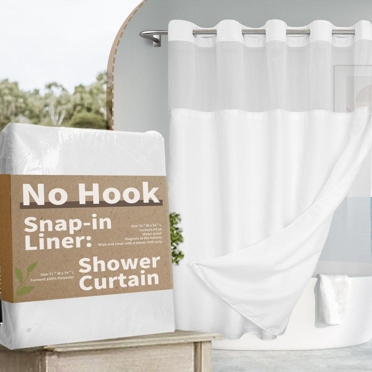 No Hook Slub Textured Shower Curtain With Snap-In Peva Liner Set - 71'' X 74''(72''), Hotel Style With See Through Top Window, F