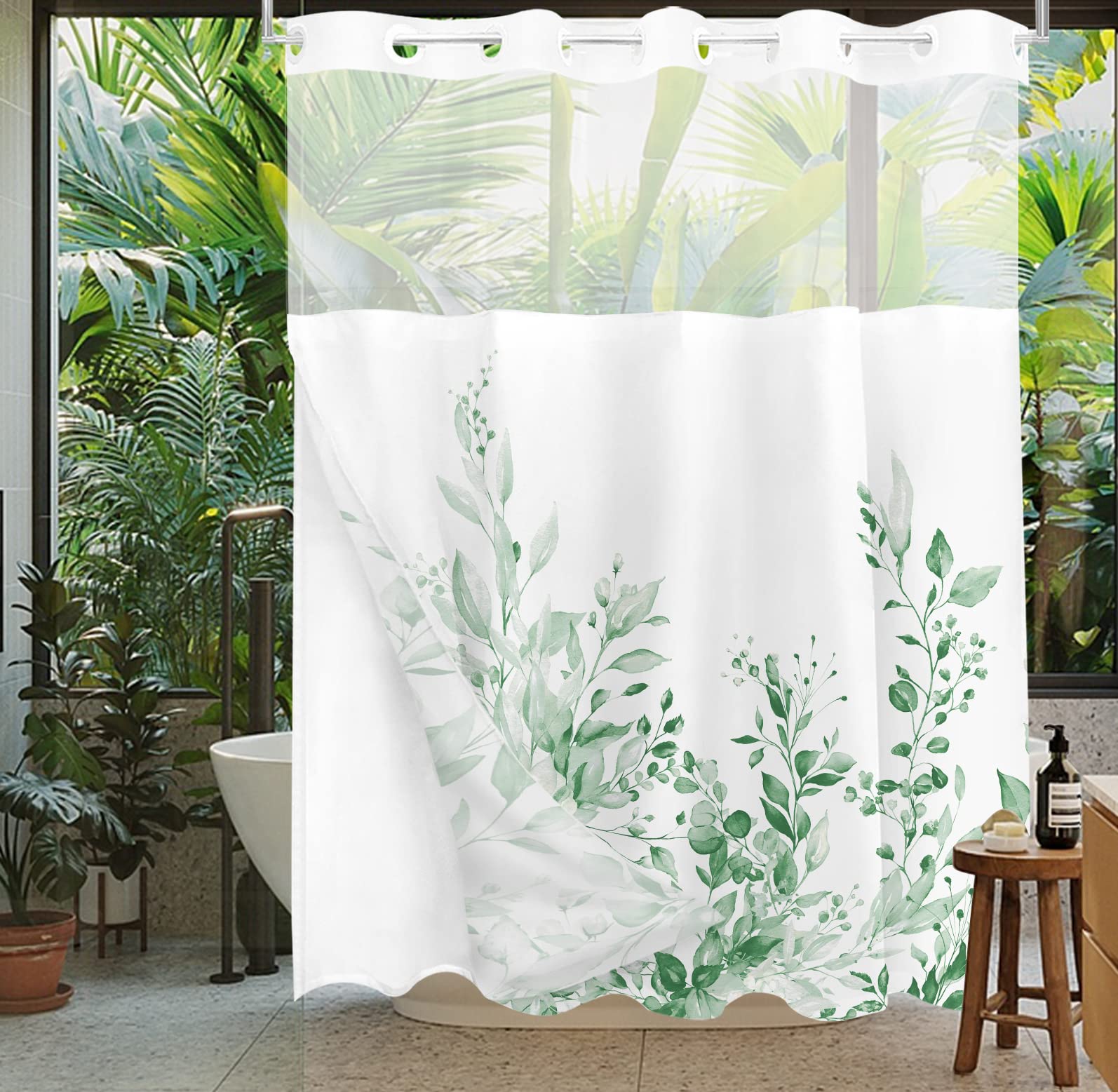 Tititex No Hooks Snap In Liner Mint Bright Green Eucalyptus Leaves Shower Curtain Sets, Hotel Luxury Double Layers Waterproof Fa