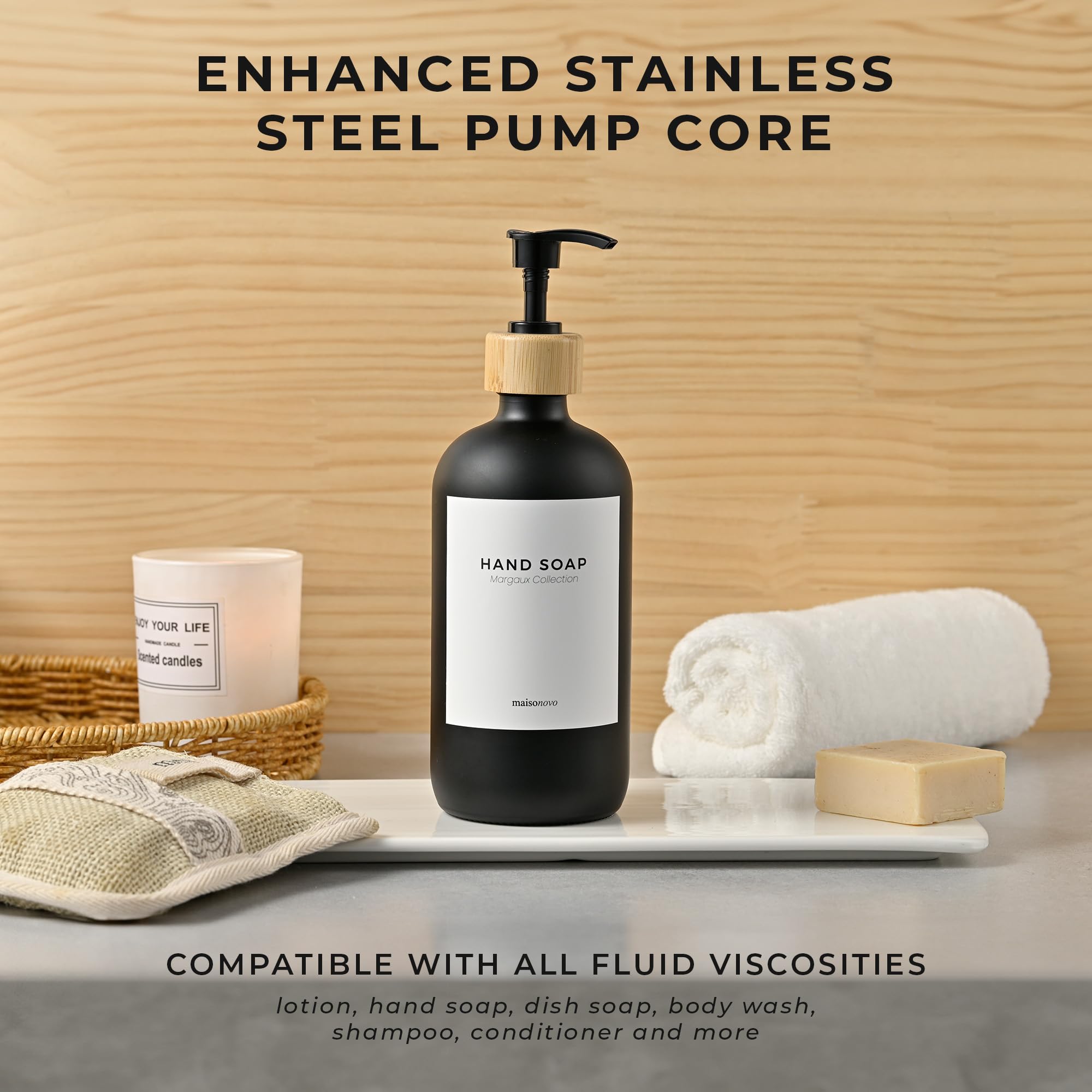 Maisonovo Glass Lotion Dispenser | 16.9 Fl Oz Black Glass Soap Dispenser With Bamboo Pump