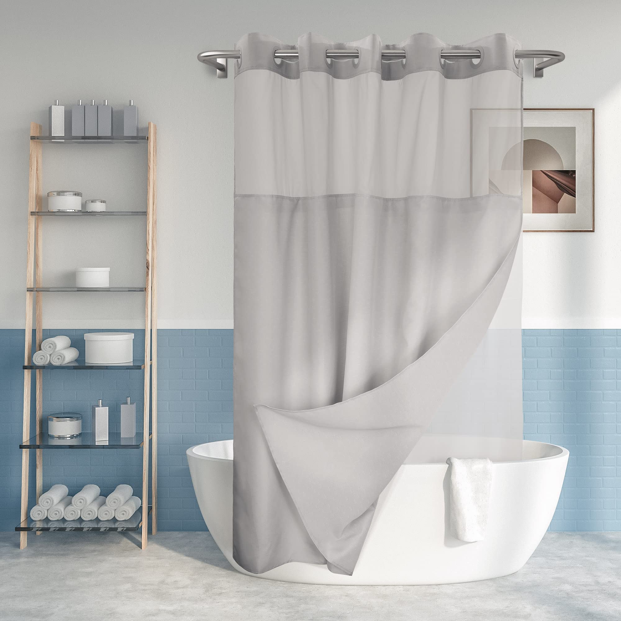 Long No Hook Slub Textured Shower Curtain with Snap-in PEVA Liner Set - 71 x 80(78), Hotel Style with See Through Top Window, Gr