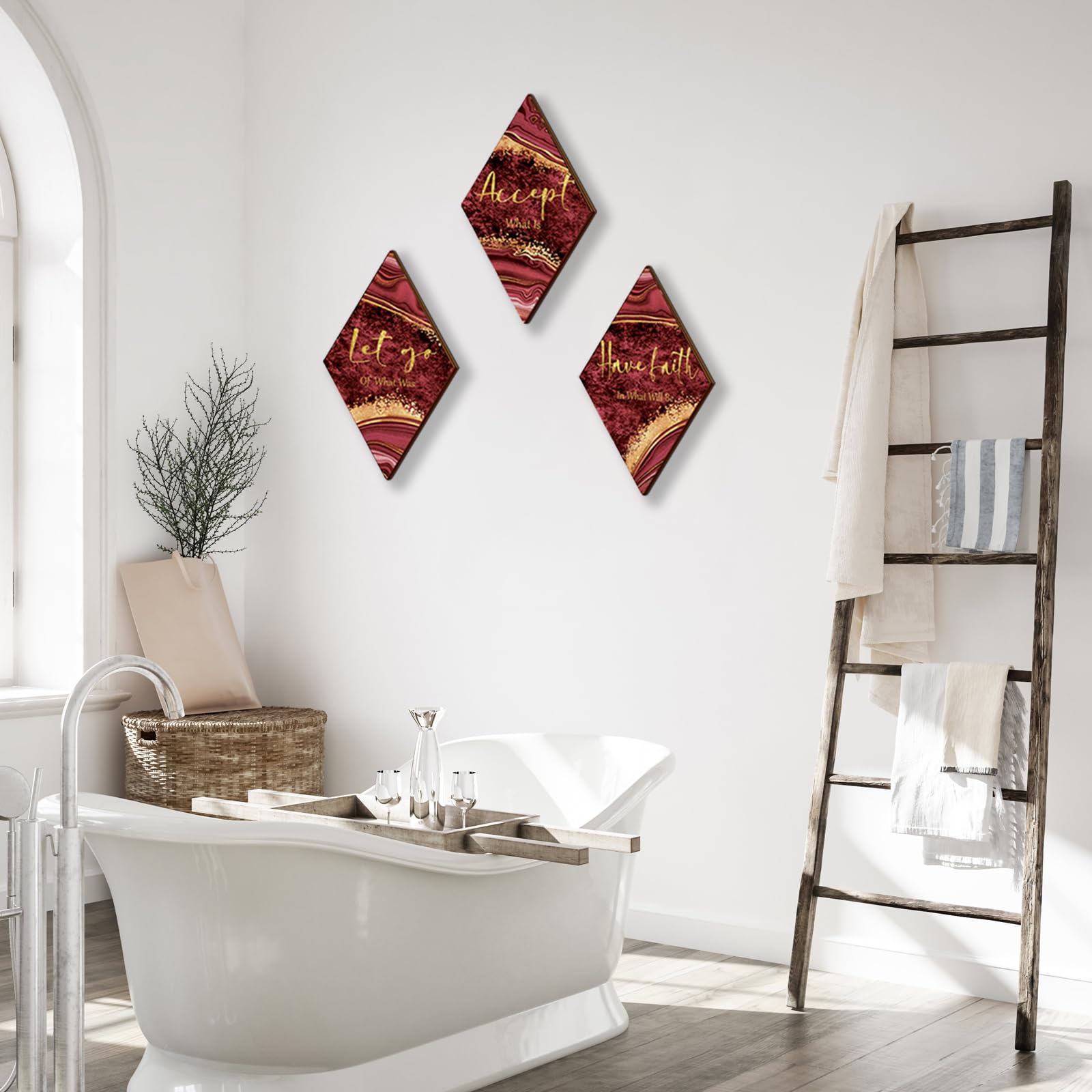 ONIZHITY 3 Pcs Red Gold Bathroom Decor Red Gold Wall Decor with Accept Let Go Have Faith Quote Rustic Vintage Farmhouse Wooden H