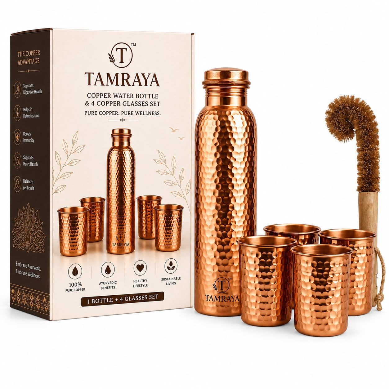Tamraya Pure Copper Water Bottle with 4 Copper Glasses & Cleaning Brush Set | Leakproof Ayurvedic Drinking Bottle | Ideal for Ho