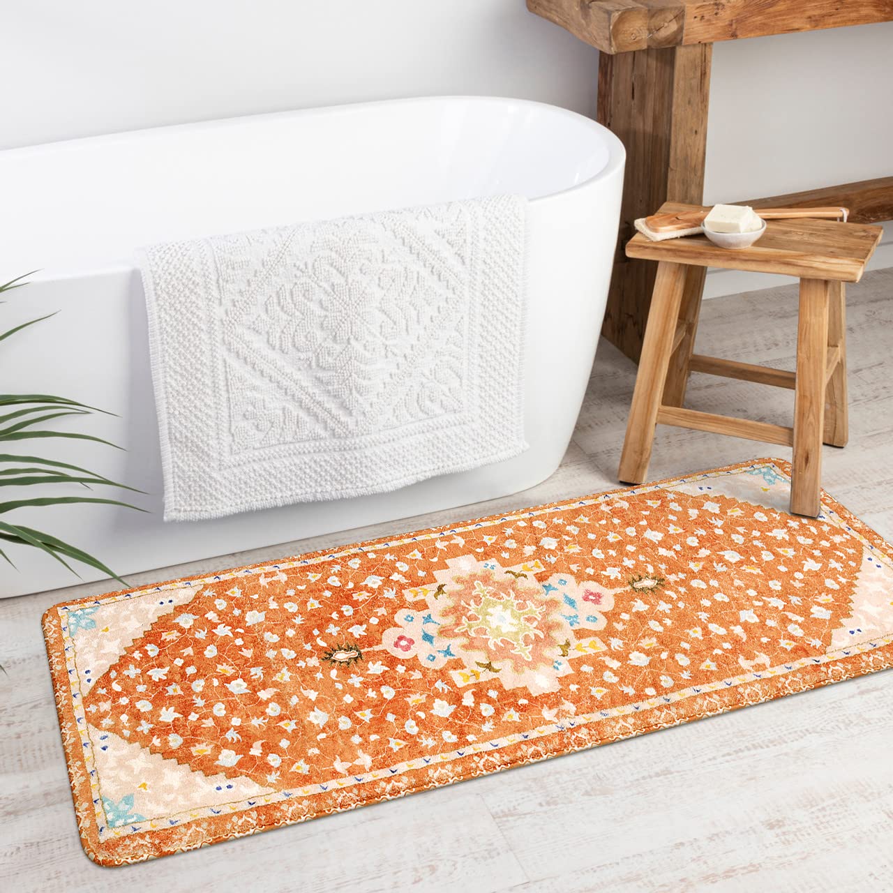 Uphome Boho Tribal Bathroom Runner Rug Orange Cute Floral Bath Mat Non-Slip Machine Washable Long Bathroom Rugs Soft Velvet Orie