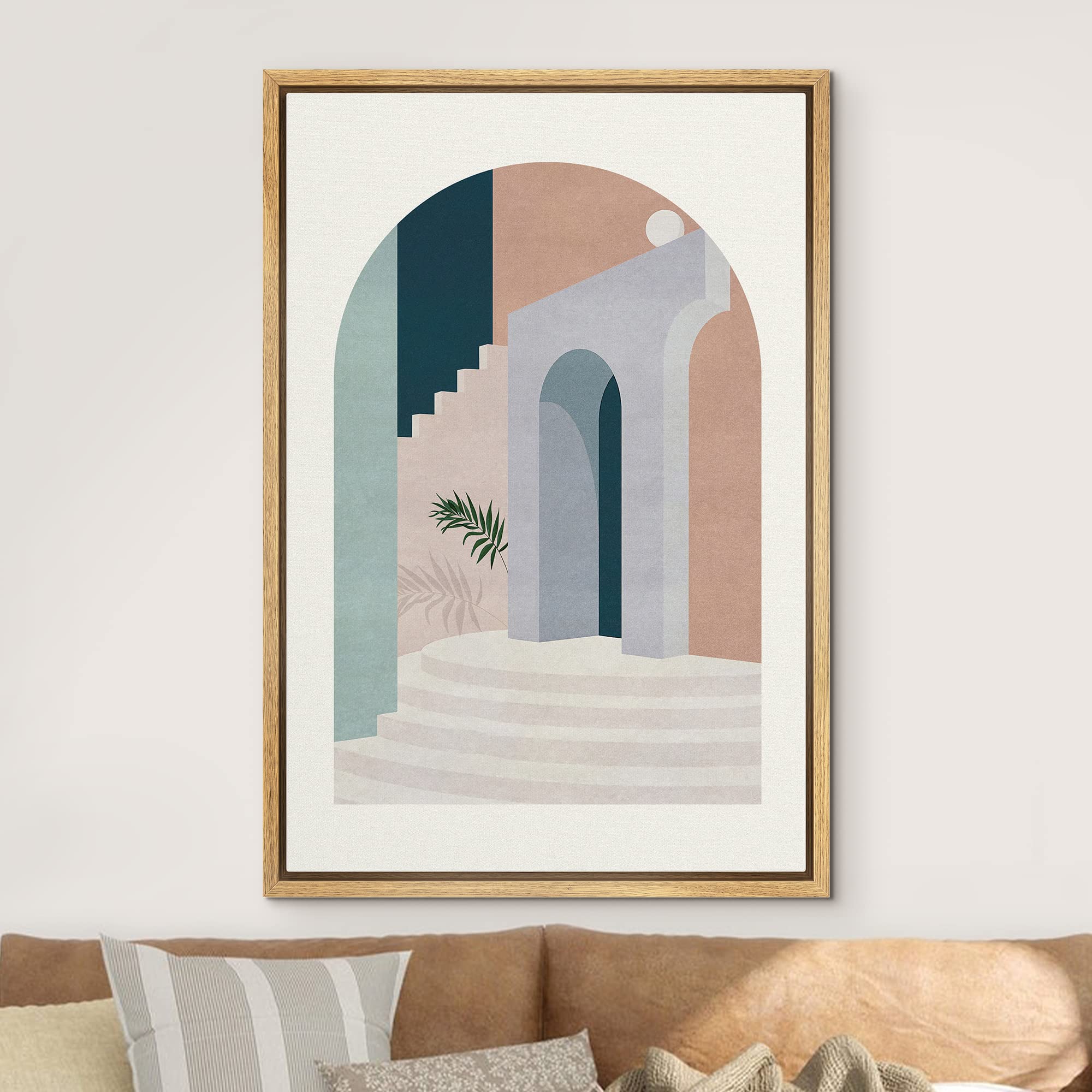 Nwt Framed Canvas Print Wall Art Arch View Terrace Exterior & Palm Leaf Geometric Shapes Illustrations Modern Art Mid-Century Mo